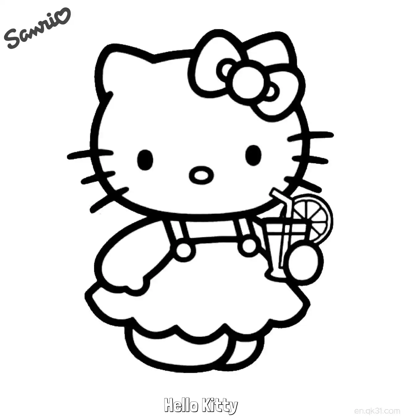 免费 凯蒂猫扎背带拿橙汁可爱涂色页 简笔画涂色页
