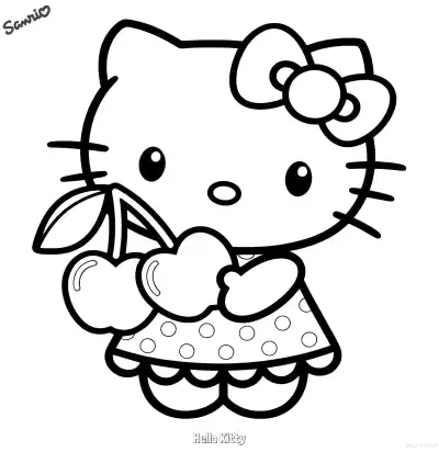 凯蒂猫手捧樱桃甜美涂色页 – 免费可打印简笔画涂色画