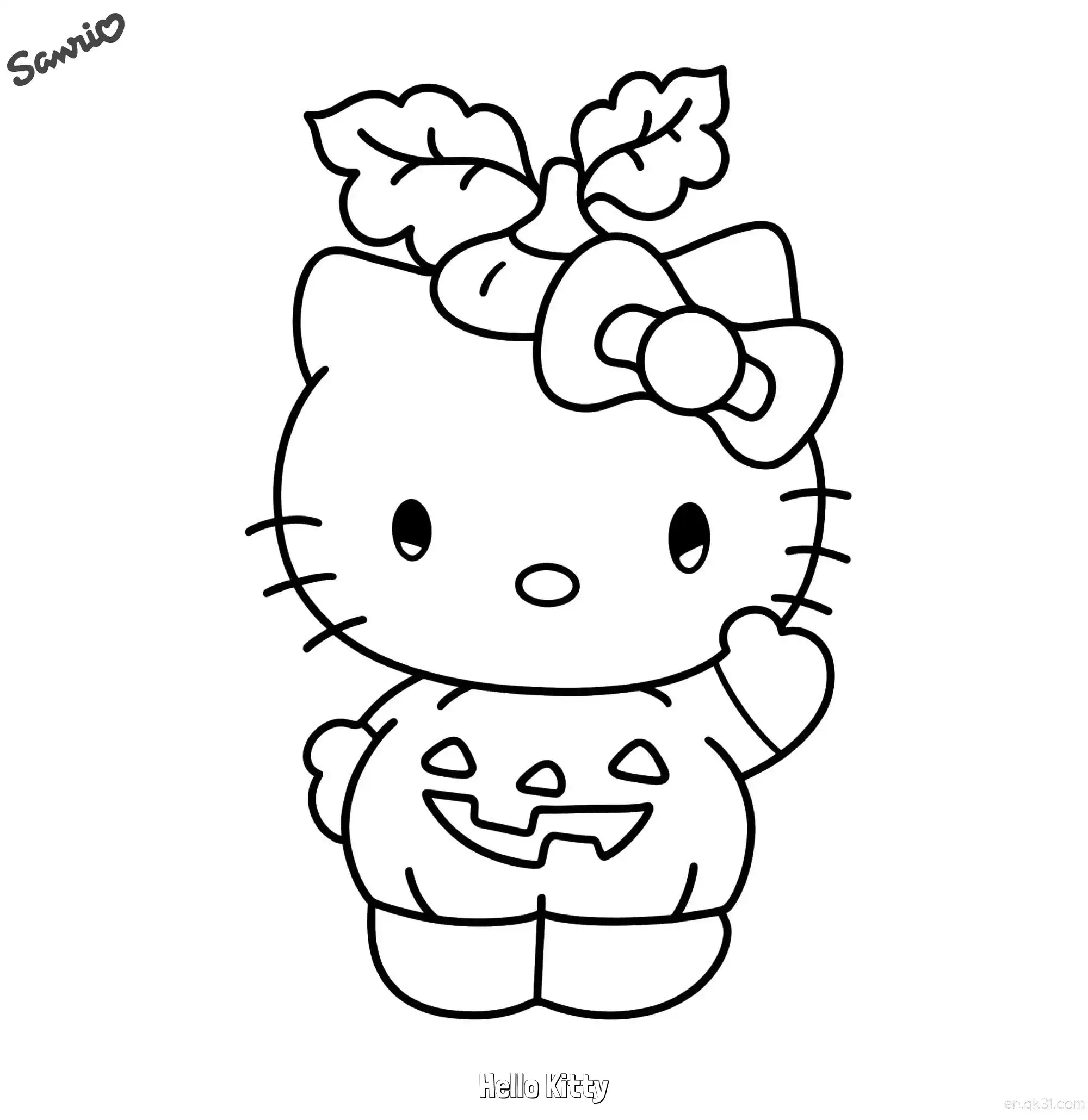 凯蒂猫万圣节南瓜头套涂色页简笔画涂色画 – 为儿童和成人提供的免费可打印简笔画涂色画