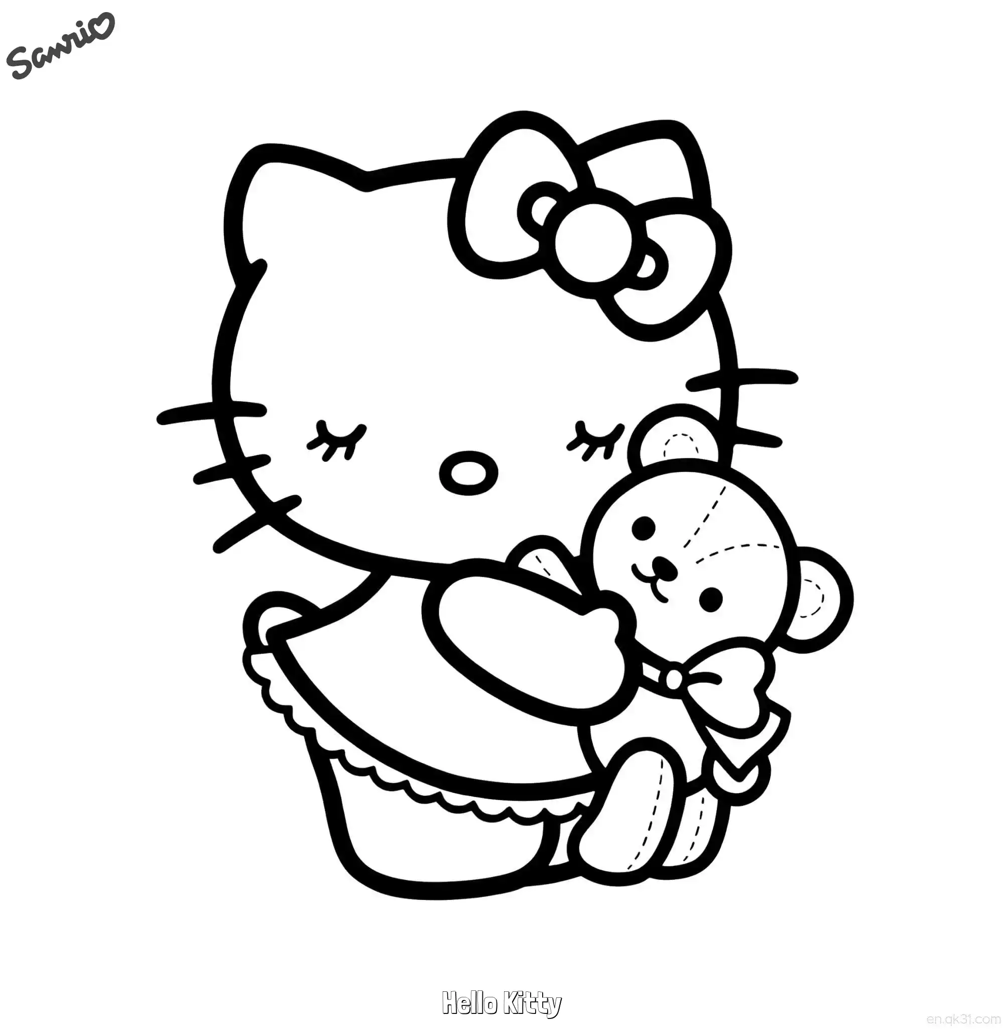 免费 凯蒂猫抱着小熊闭眼酣睡涂色页 简笔画涂色页