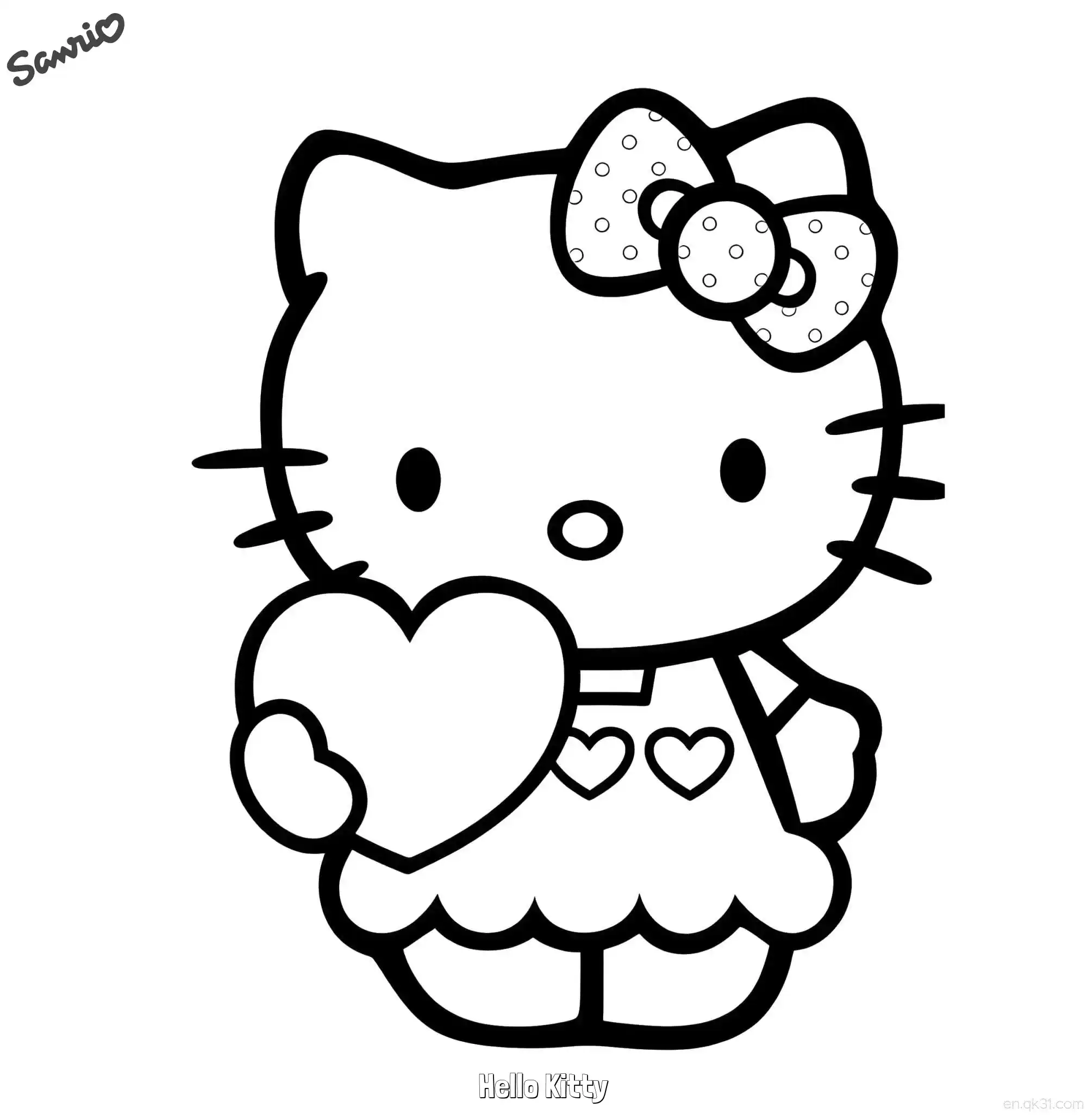 免费 凯蒂猫手捧爱心波点裙涂色页 简笔画涂色页