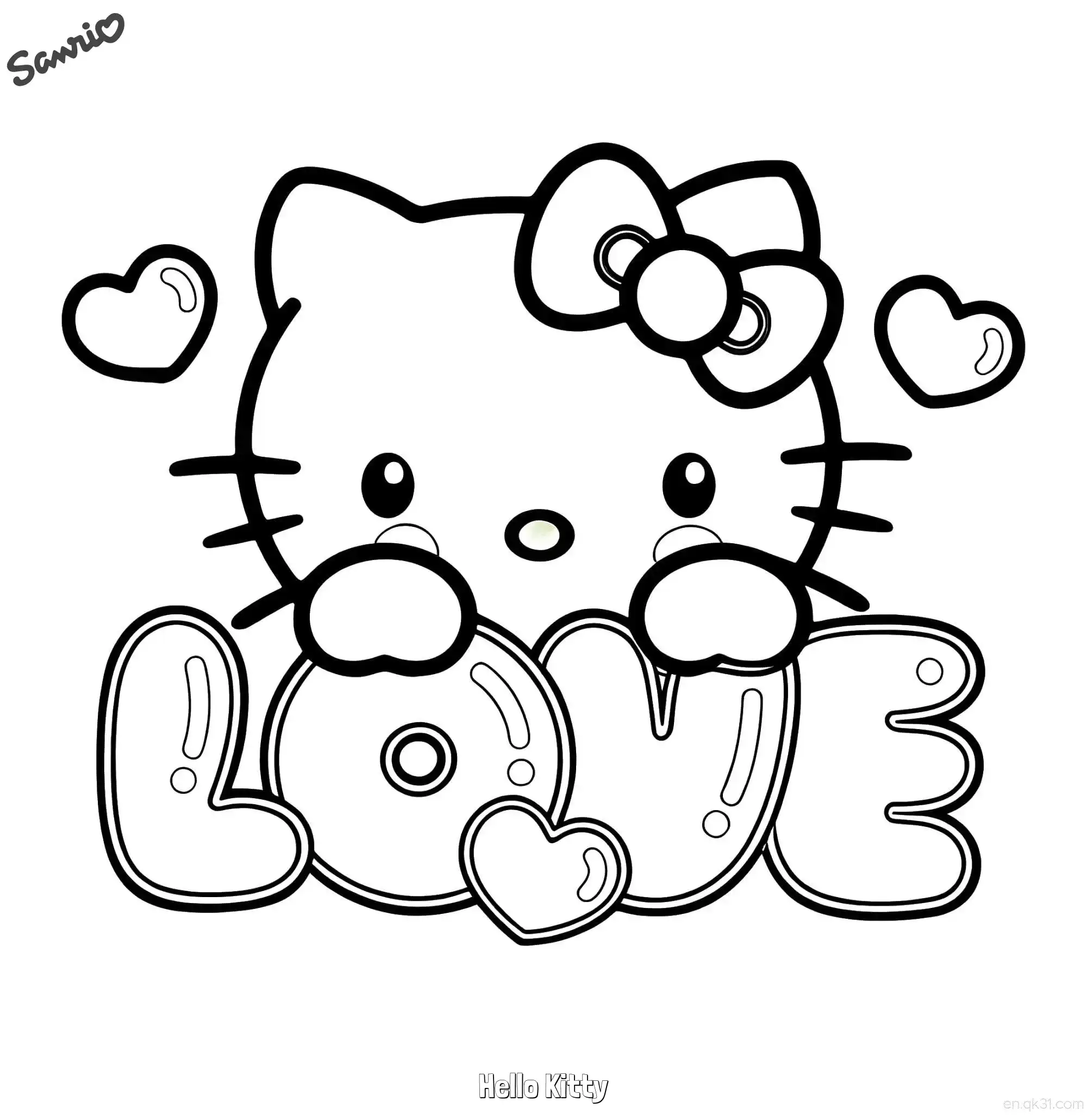 免费 凯蒂猫与LOVE立体字母爱心涂色页 简笔画涂色页