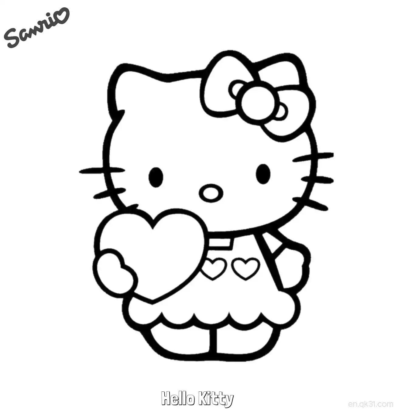 免费 凯蒂猫手拿爱心简单涂色页 简笔画涂色页