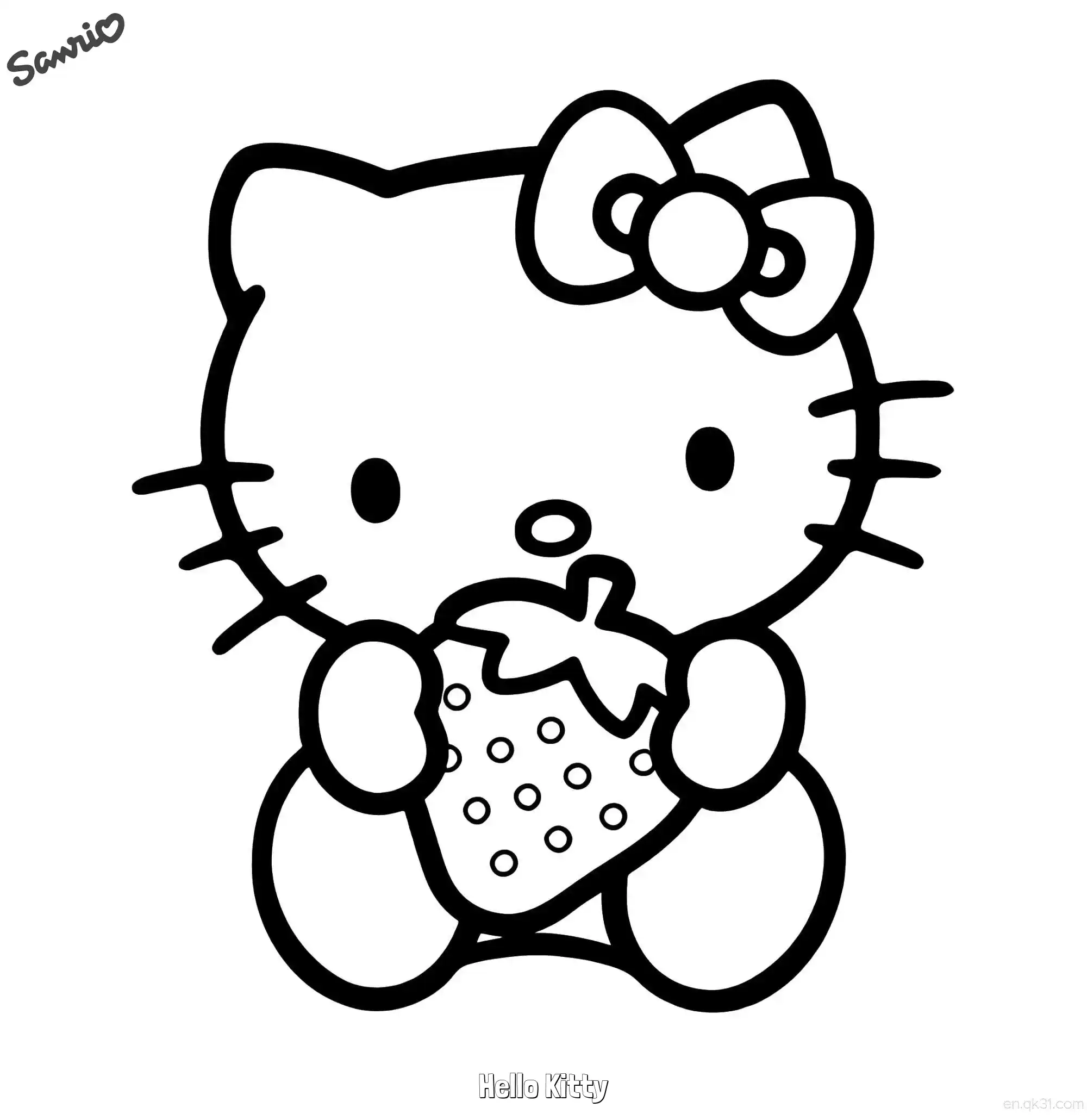 免费 凯蒂猫手捧大草莓诱人涂色页 简笔画涂色页