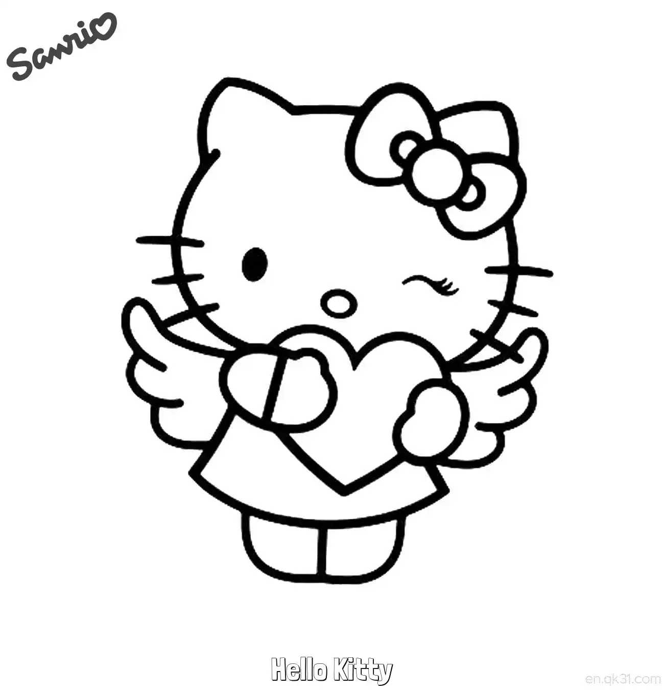 免费 凯蒂猫天使爱心涂色页 简笔画涂色页