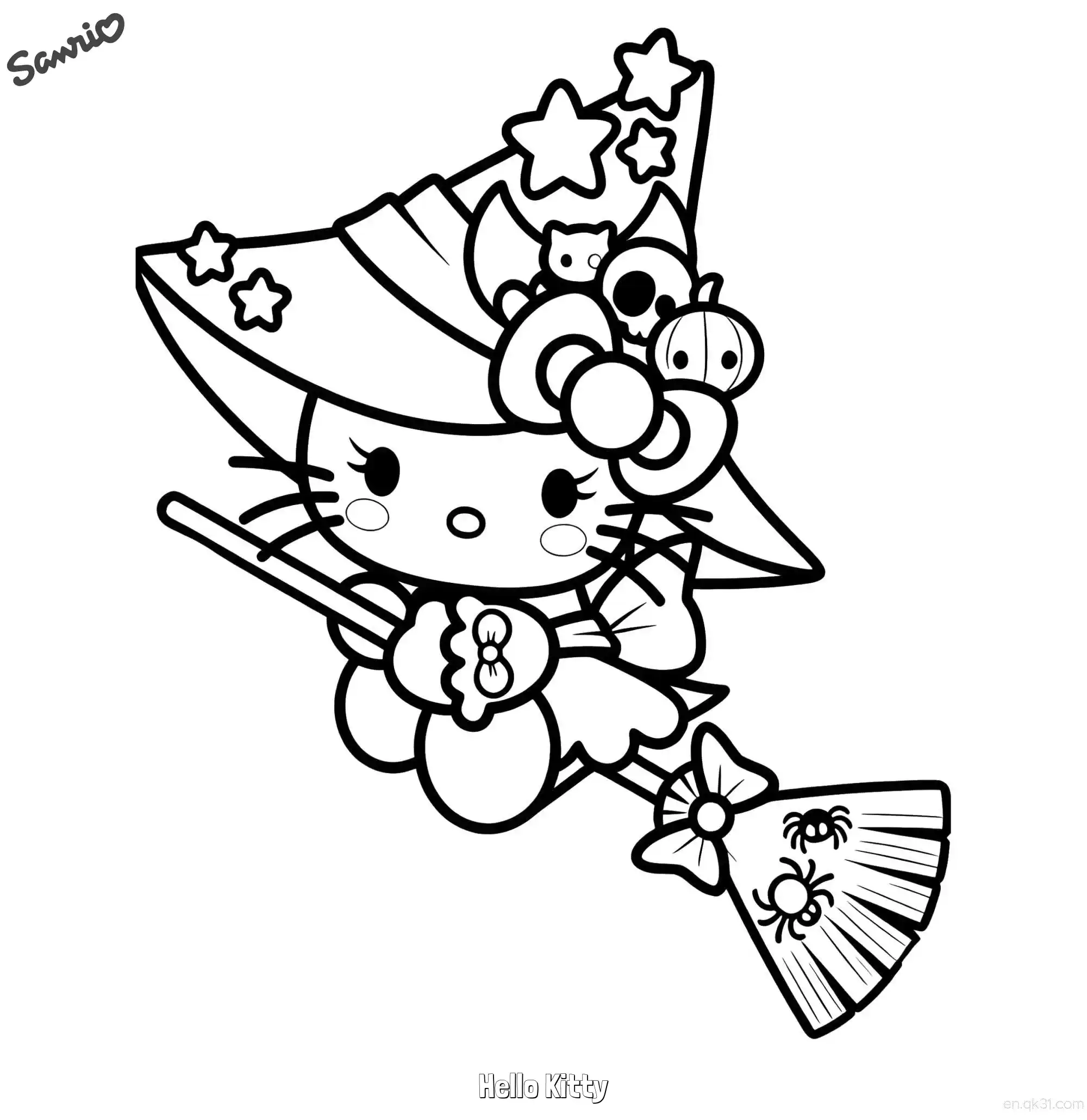 免费 凯蒂猫女巫骑扫帚万圣节涂色页 简笔画涂色页