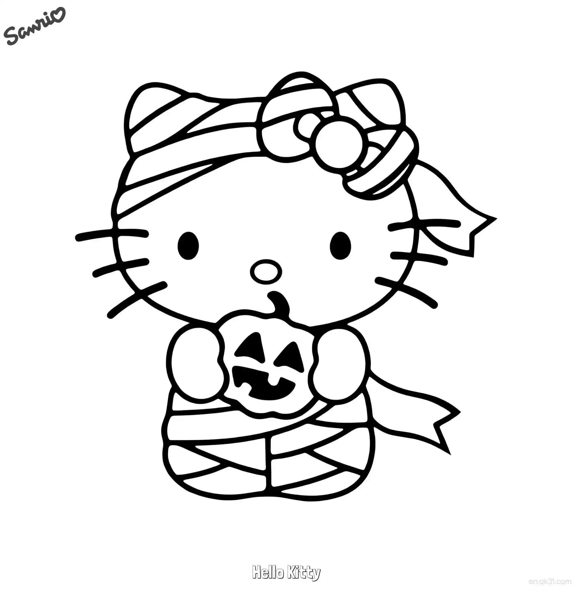 免费 凯蒂猫木乃伊与南瓜涂色页 简笔画涂色页