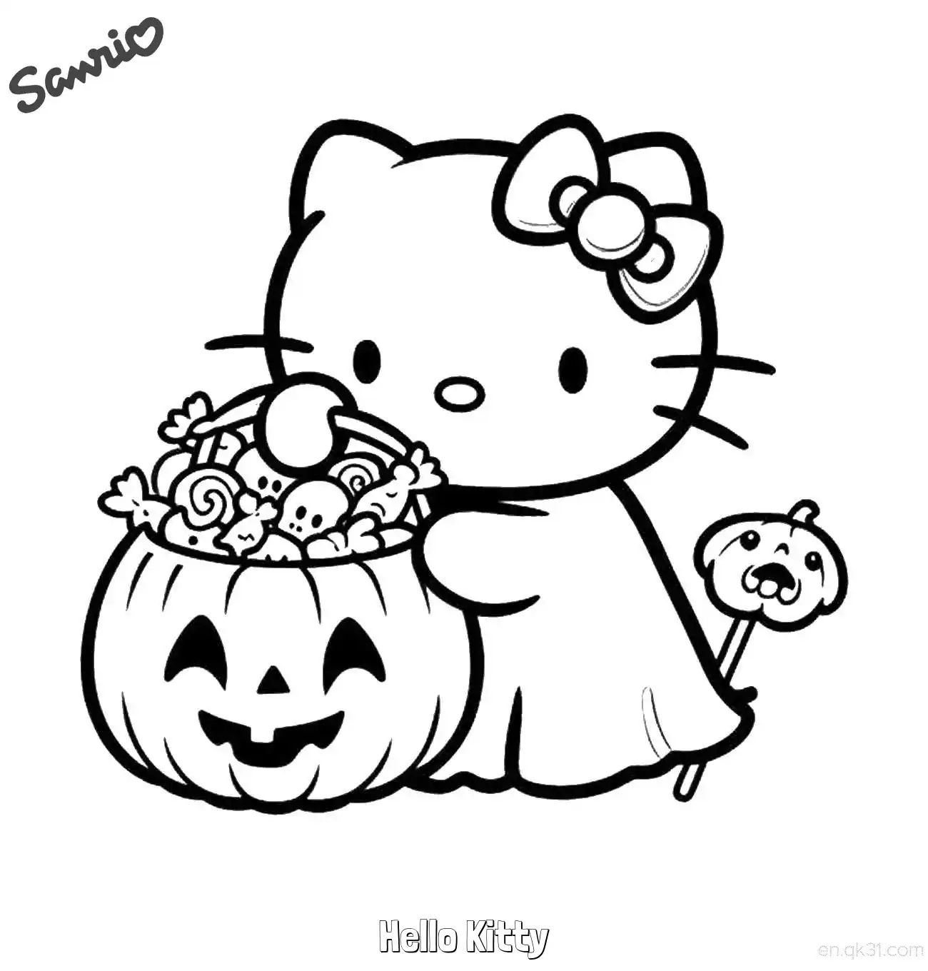 免费 凯蒂猫南瓜桶糖果万圣节涂色页 简笔画涂色页