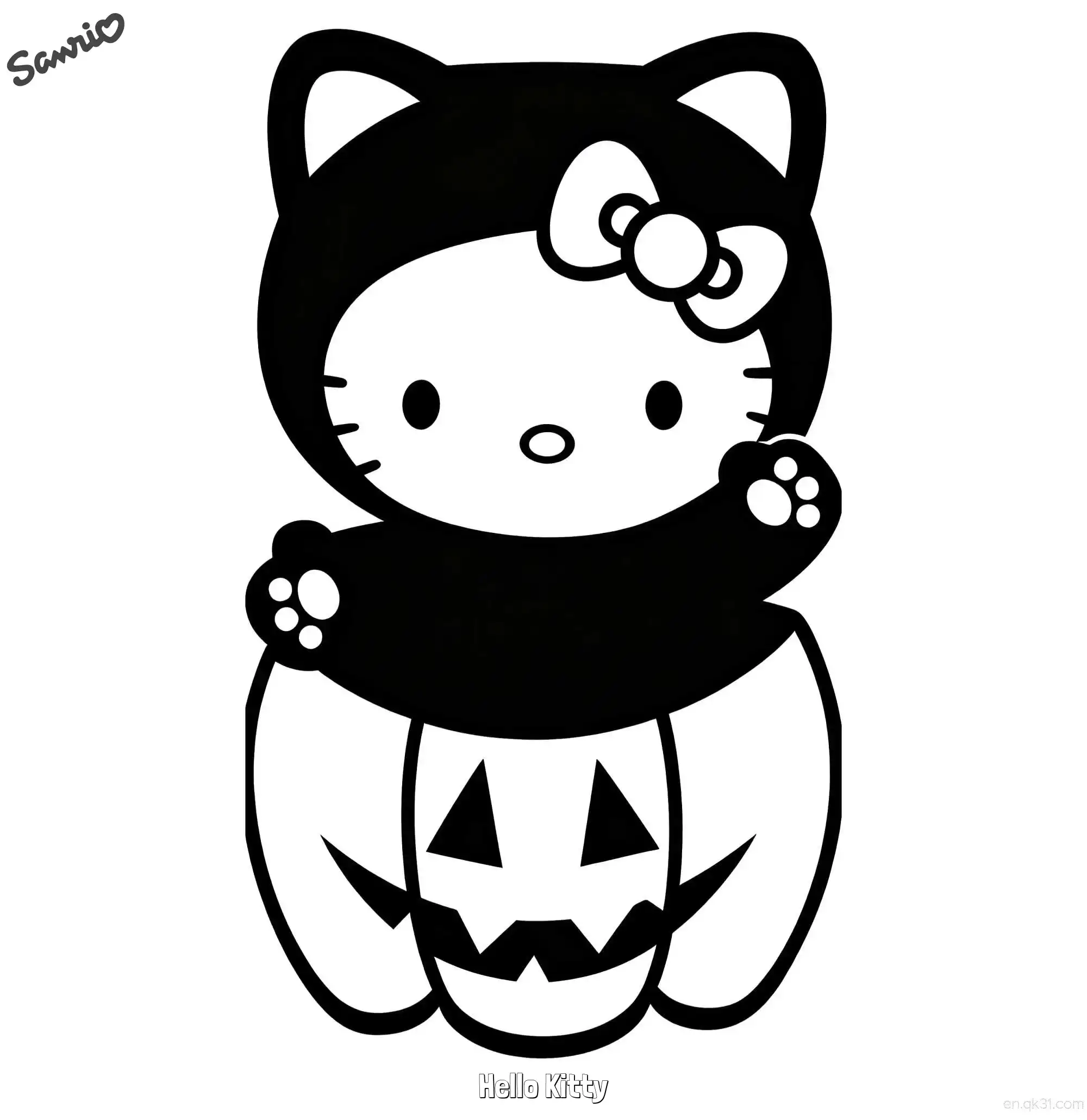 免费 凯蒂猫黑猫万圣节连体衣涂色页 简笔画涂色页