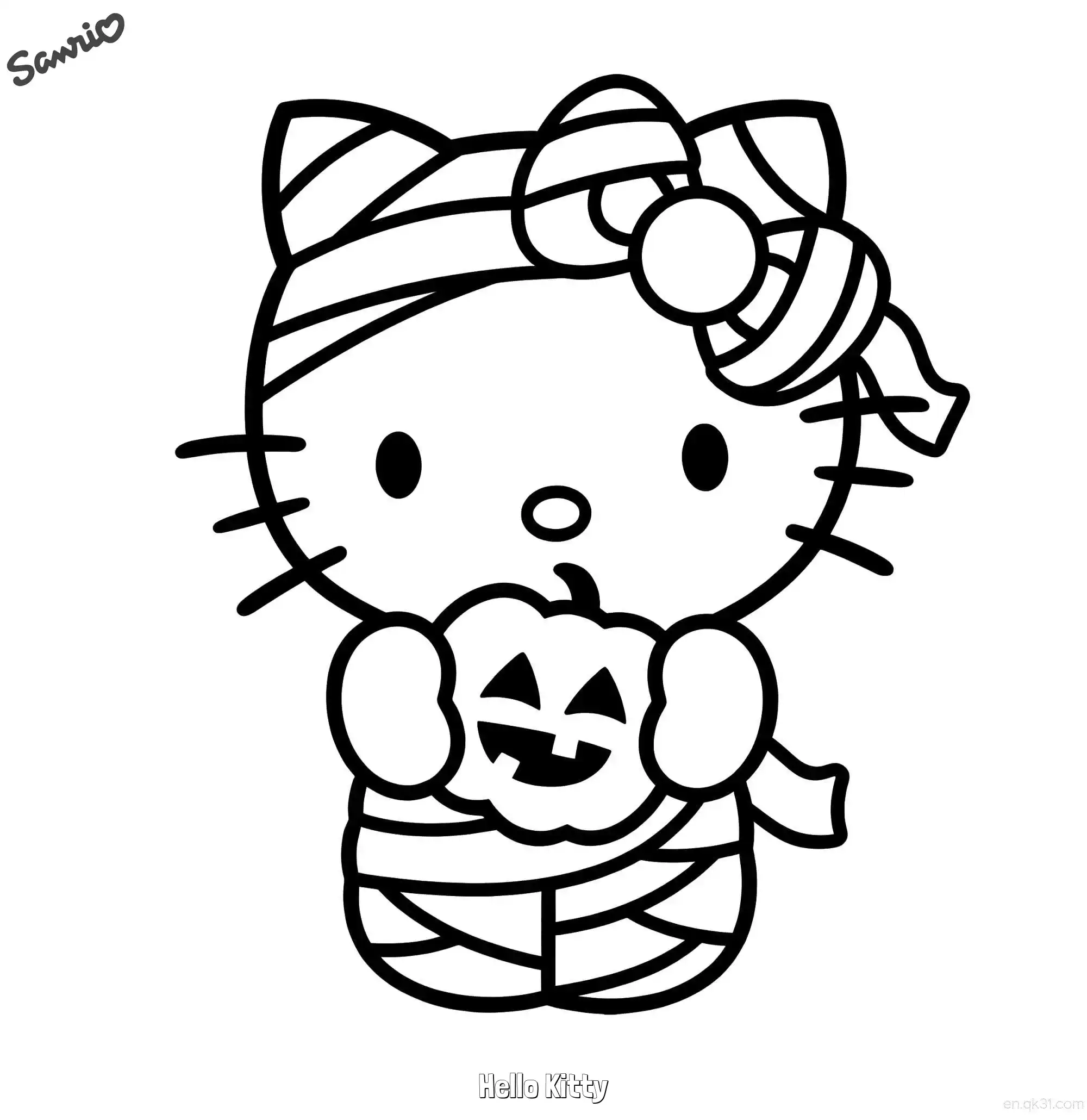 免费 凯蒂猫木乃伊造型拿着小南瓜涂色页 简笔画涂色页