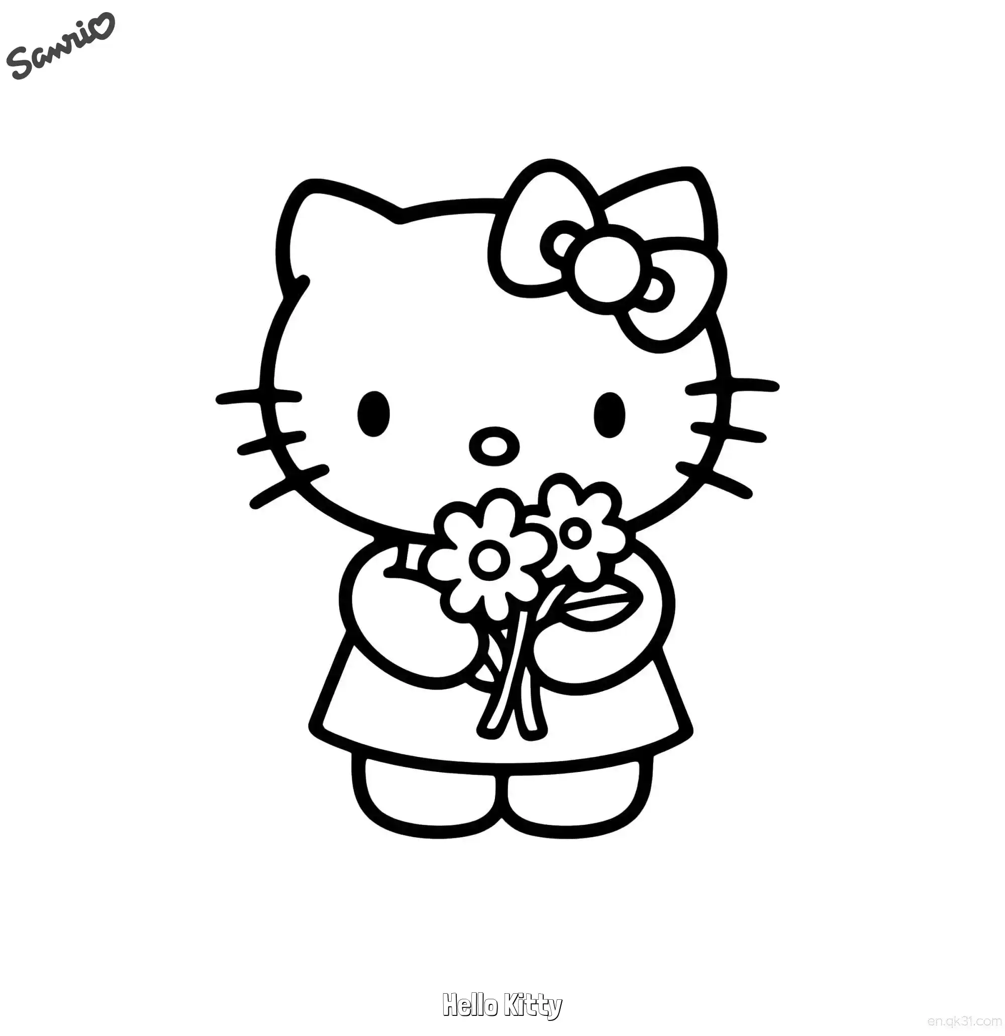 免费 凯蒂猫手捧一束小花涂色页 简笔画涂色页