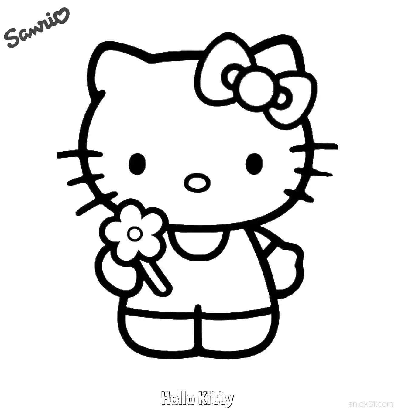 免费 凯蒂猫单手举小花微笑涂色页 简笔画涂色页