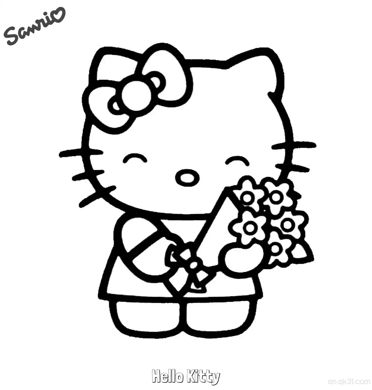 免费 凯蒂猫闭眼闻花香涂色页 简笔画涂色页