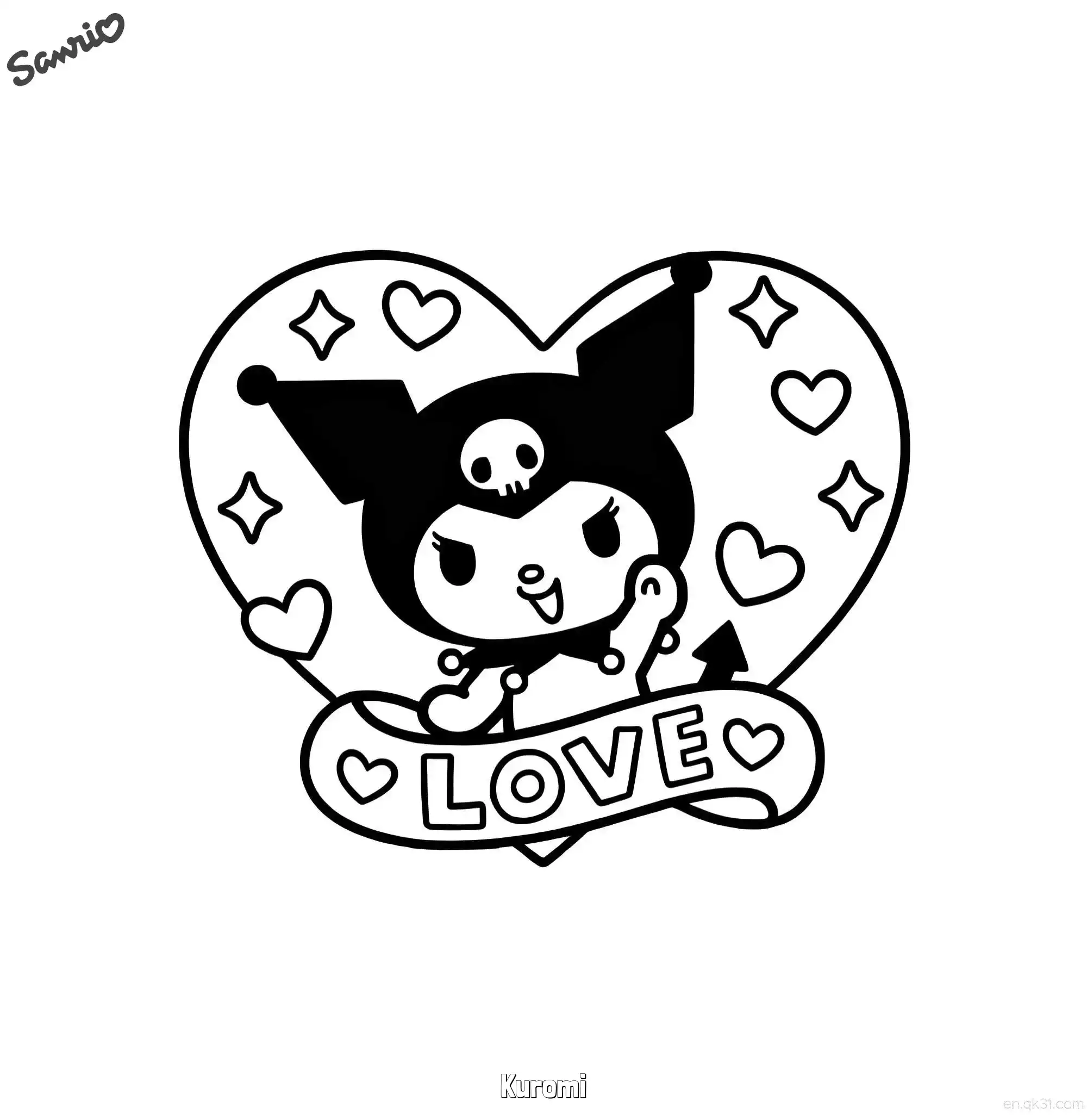免费 库洛米爱心LOVE横幅浪漫涂色页 简笔画涂色页