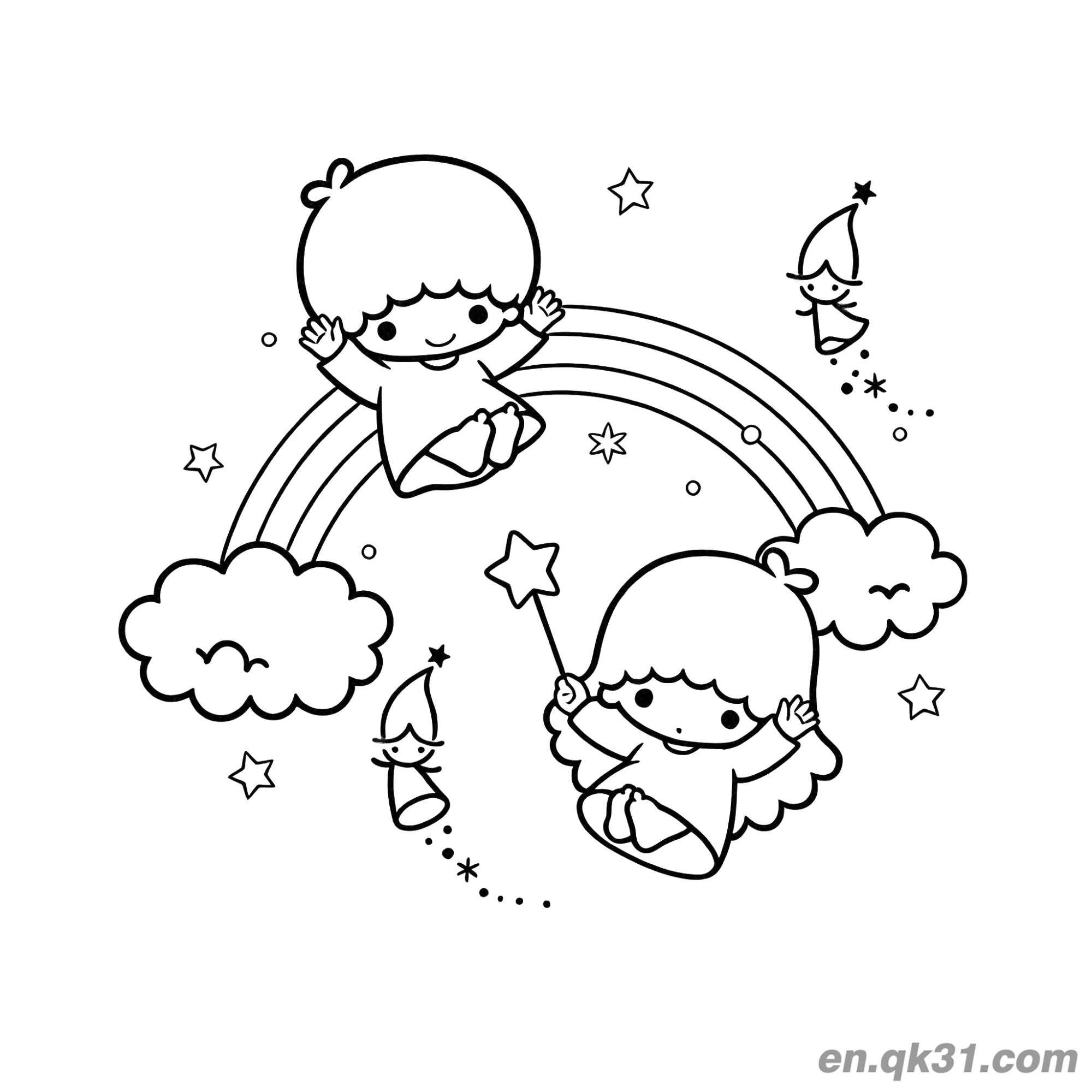 免费 双子星 在彩虹和云上与小精灵们 简笔画涂色页 简笔画涂色页