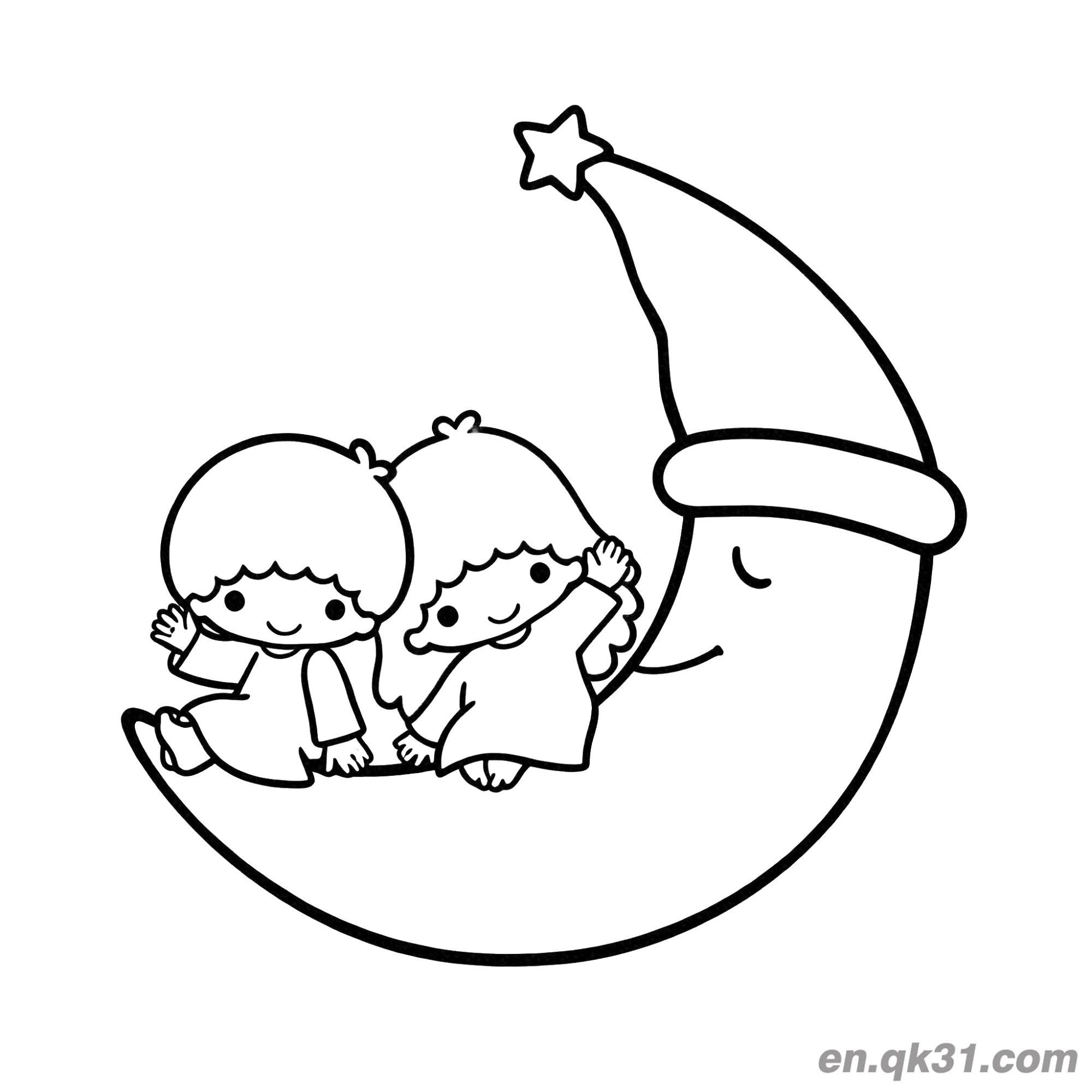 免费 双子星 坐在睡月上挥手 简笔画涂色页 简笔画涂色页
