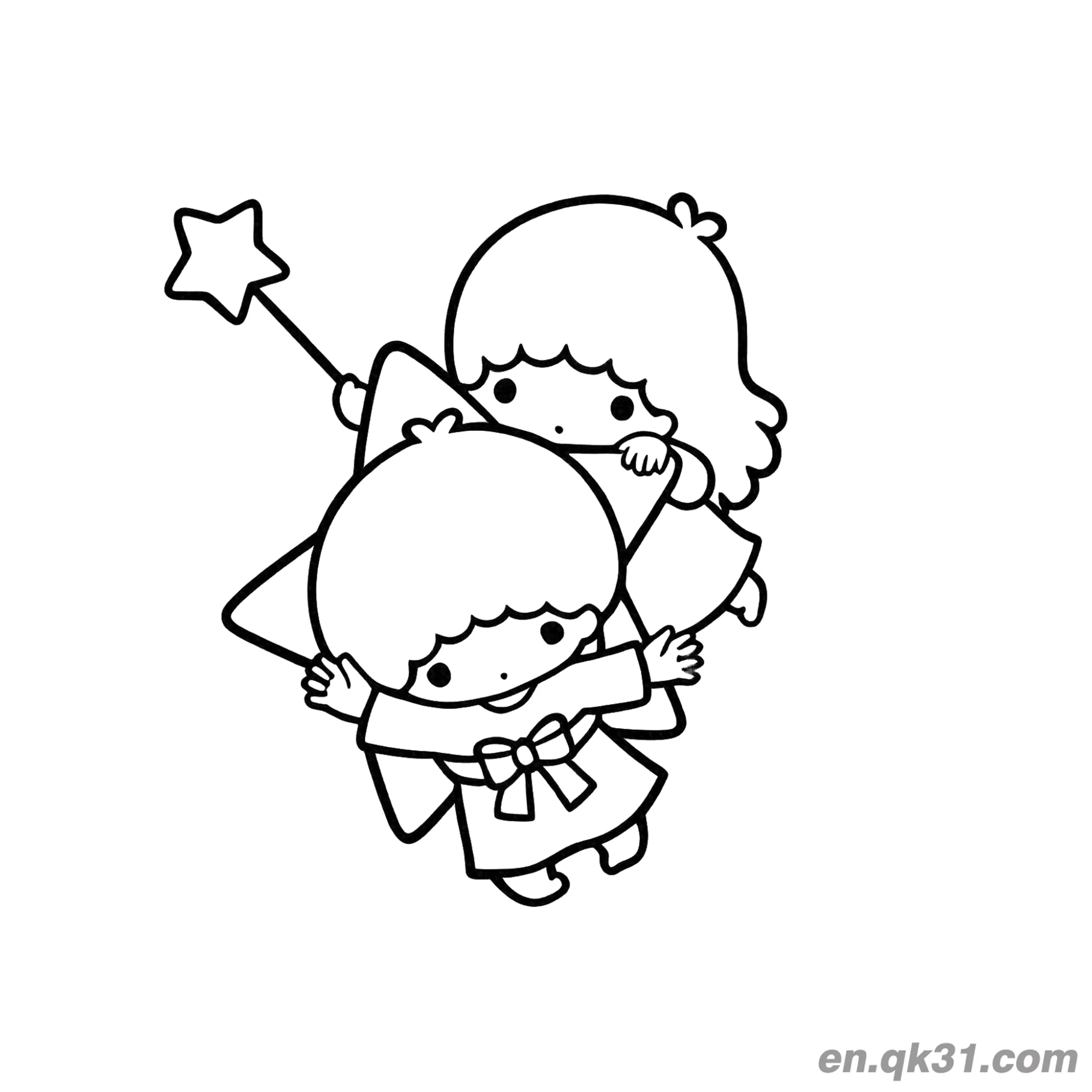免费 双子星 基琪拿着大星星拉拉在后面拿着魔杖 简笔画涂色页 简笔画涂色页