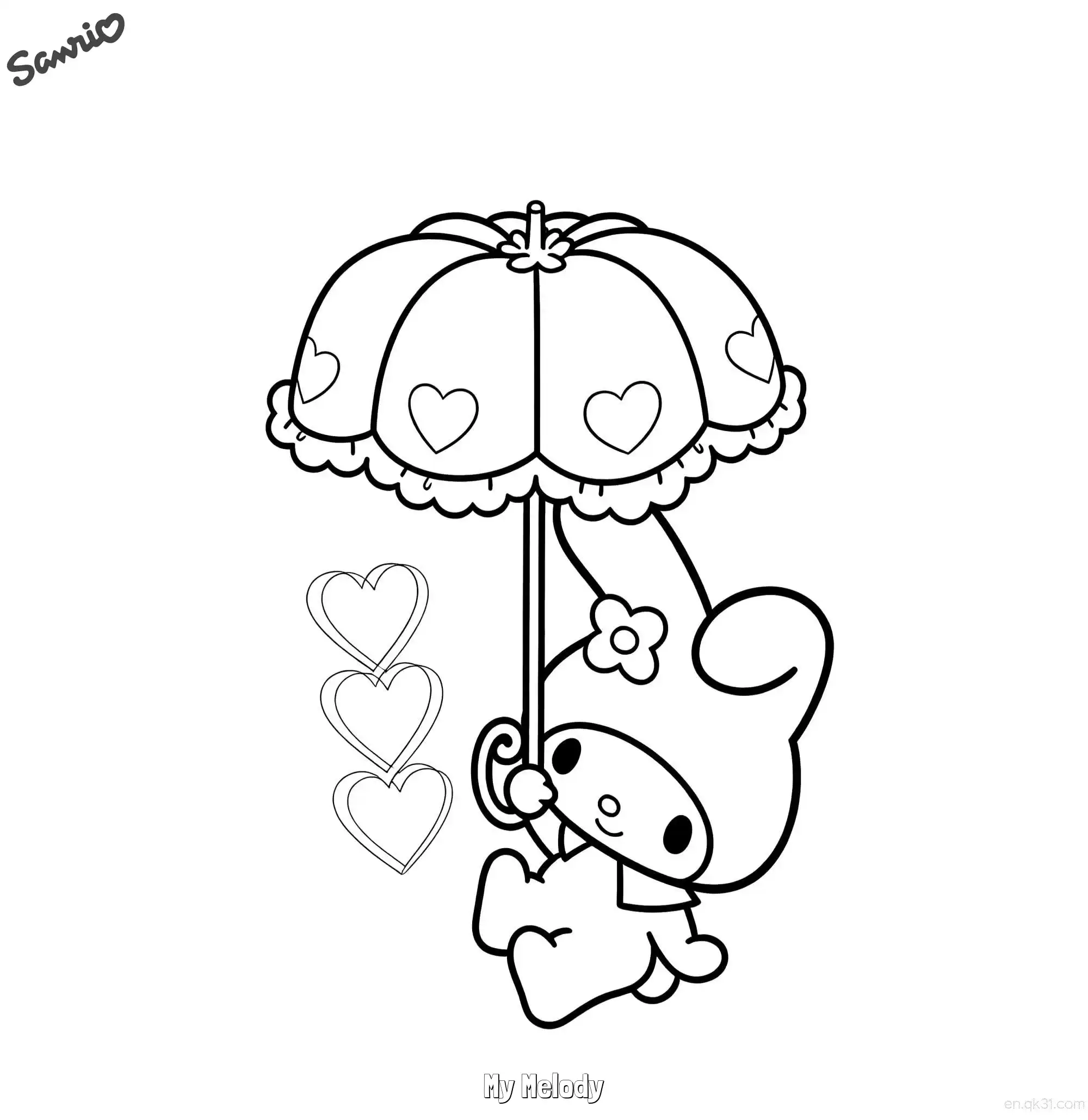 免费 撑爱心雨伞的美乐蒂浪漫涂色页 - 梦幻免费打印 简笔画涂色页