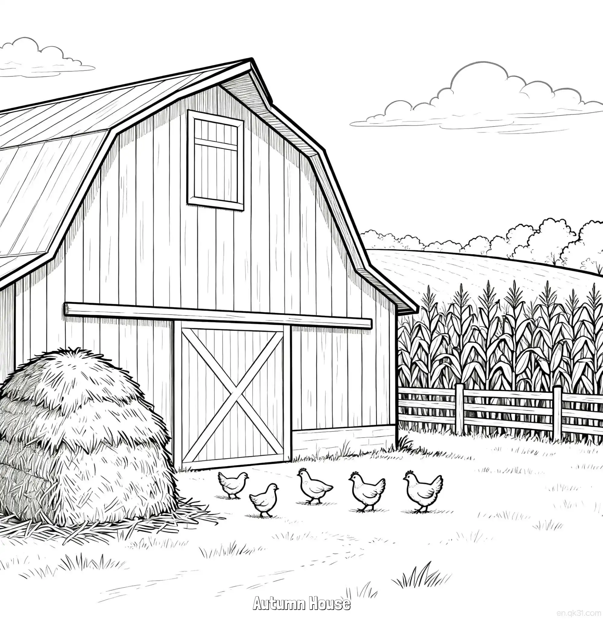 免费 秋日小屋 3简笔画 素描 涂鸦 - 免费可打印秋季 下载PDF 简笔画涂色页