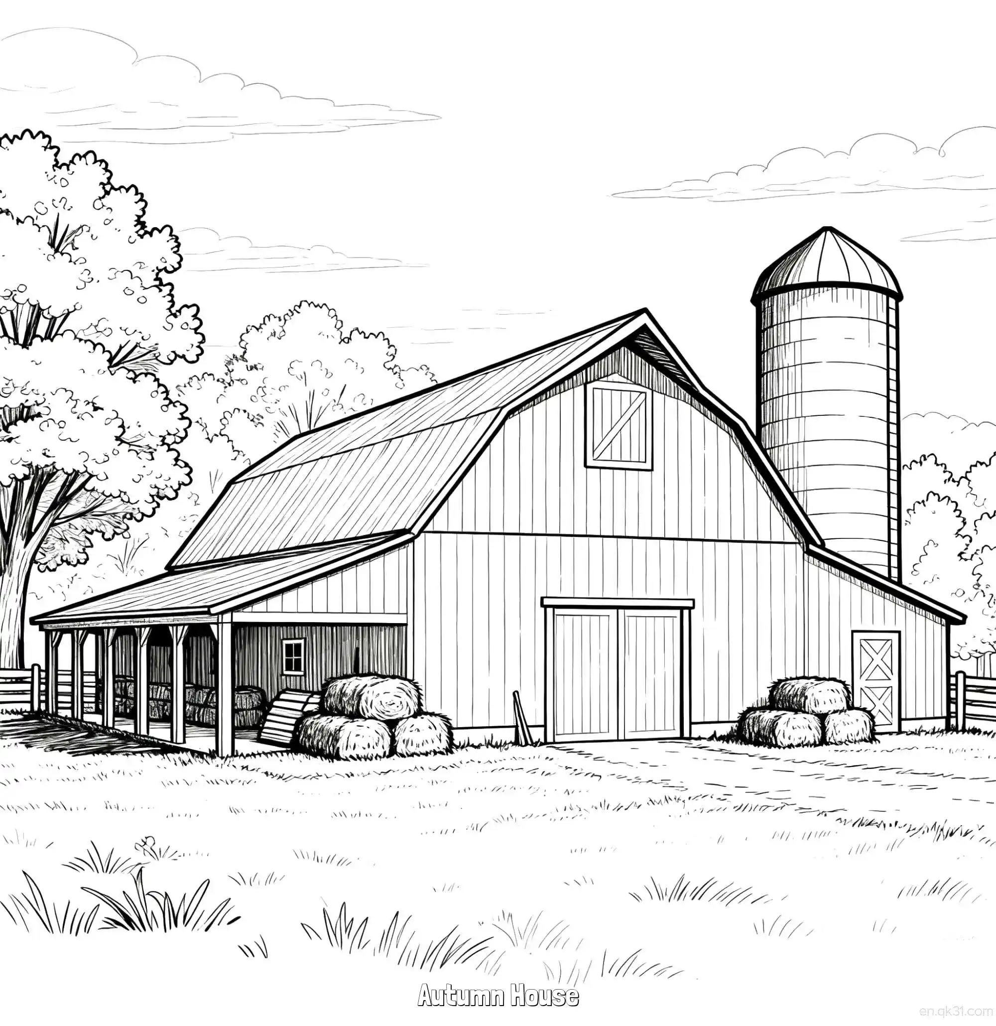 免费 秋日小屋 4简笔画 素描 涂鸦 - 免费可打印秋季 下载PDF 简笔画涂色页