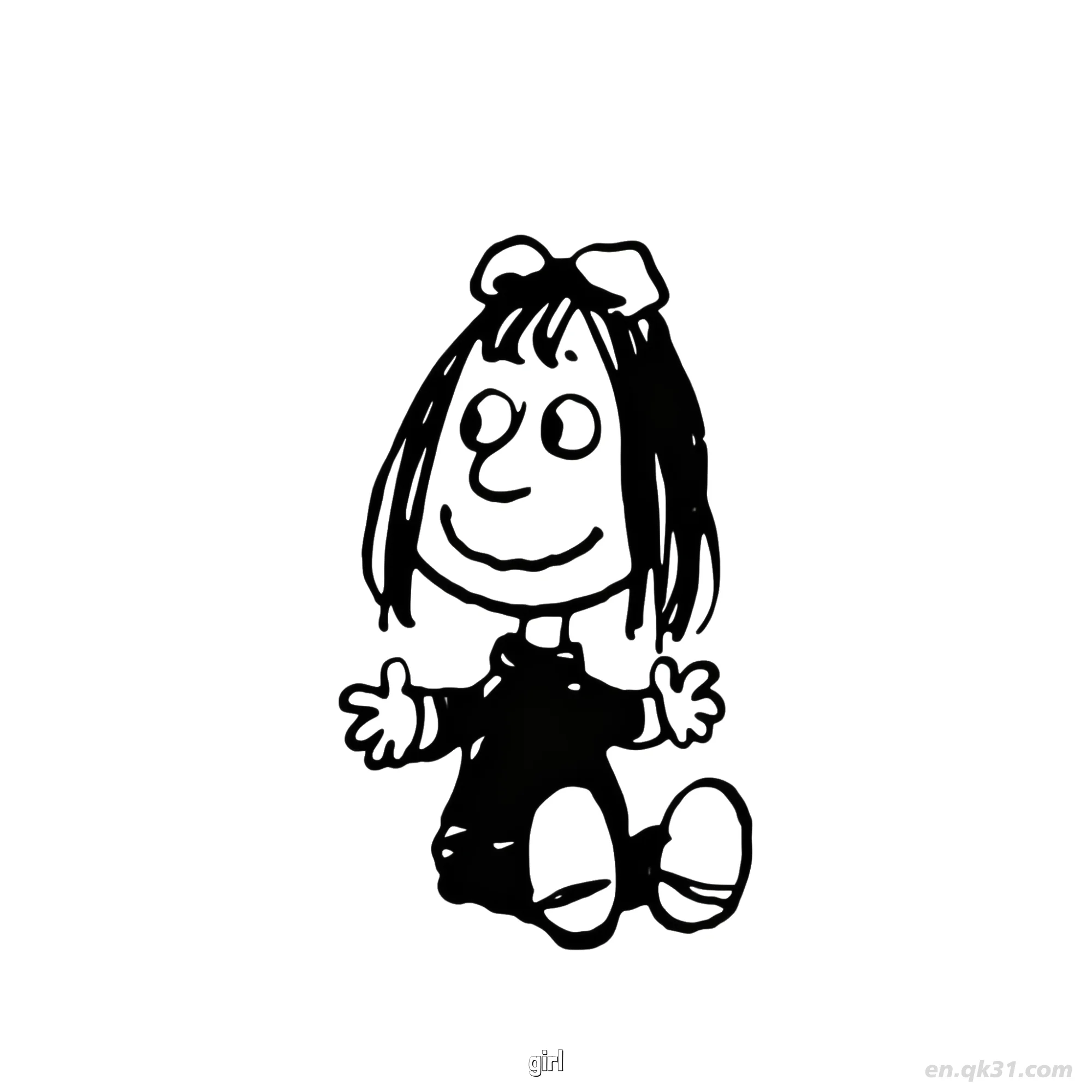 免费 戴蝴蝶结女孩坐姿涂色页 简笔画涂色页