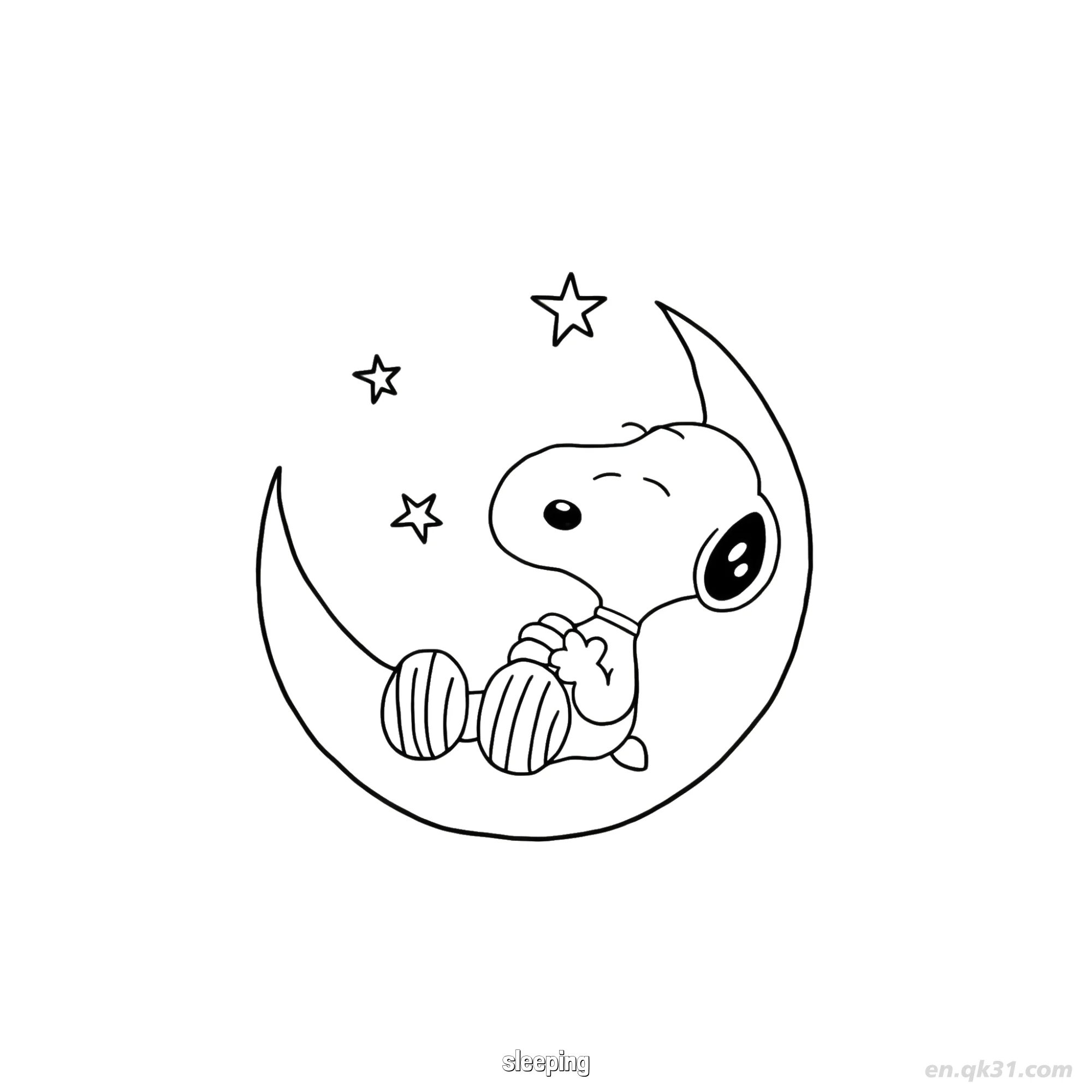 免费 史努比睡在弯月上涂色页 简笔画涂色页