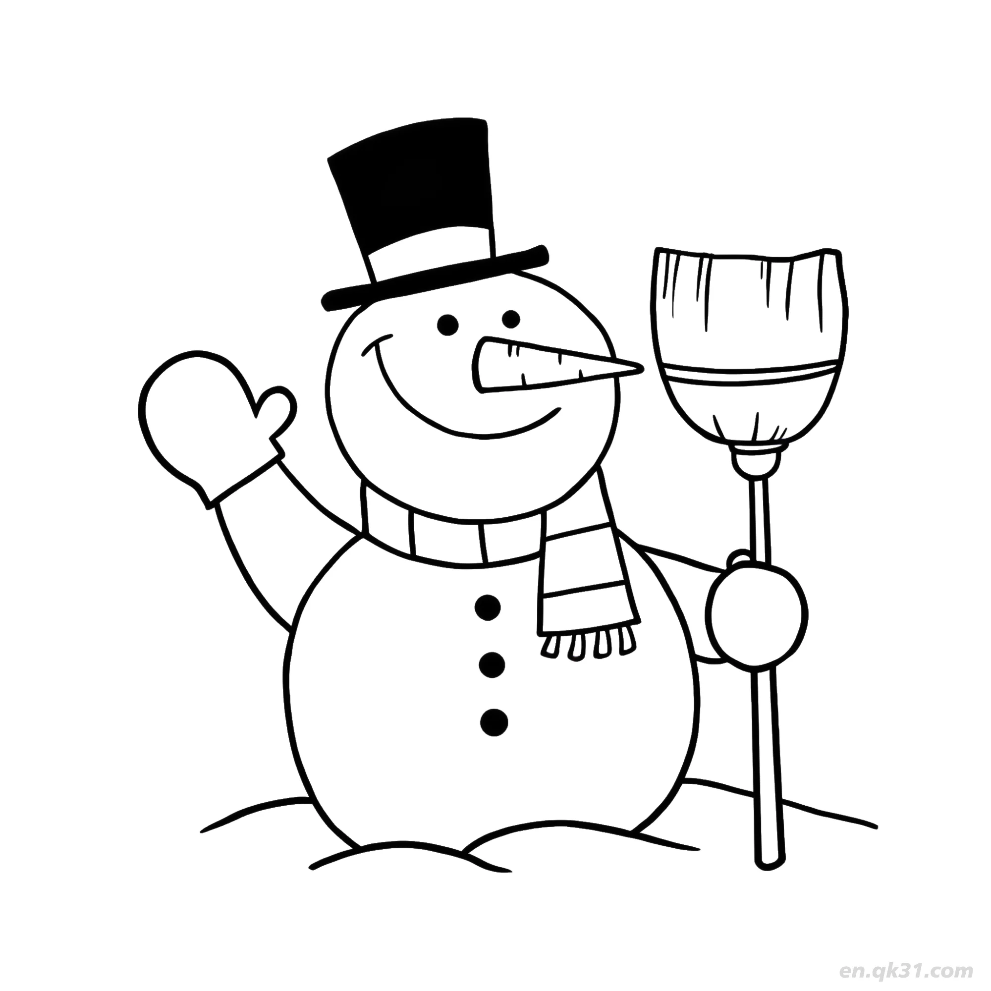 免费 挥舞扫帚雪人涂色页 简笔画涂色页