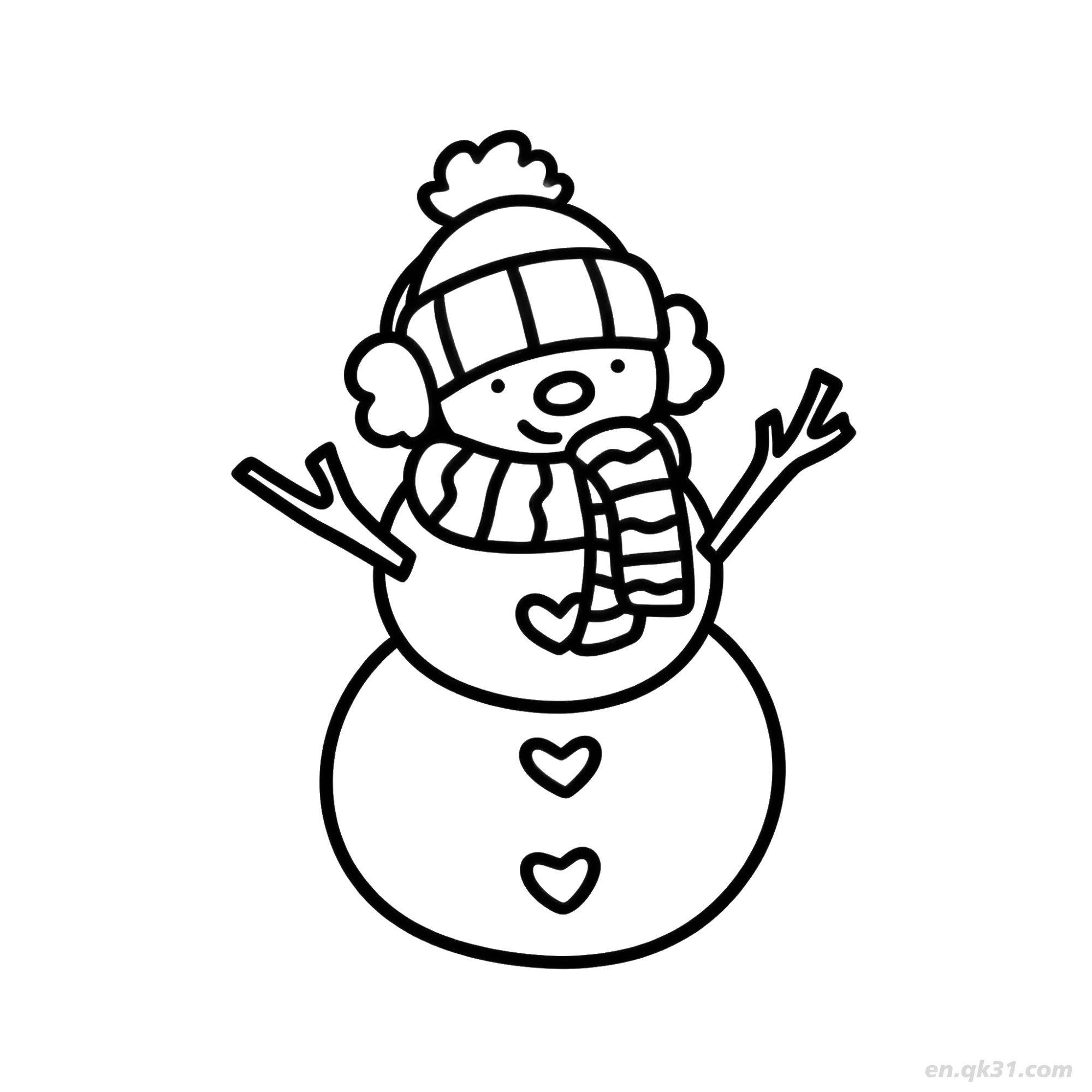 免费 耳罩爱心雪人涂色页 简笔画涂色页