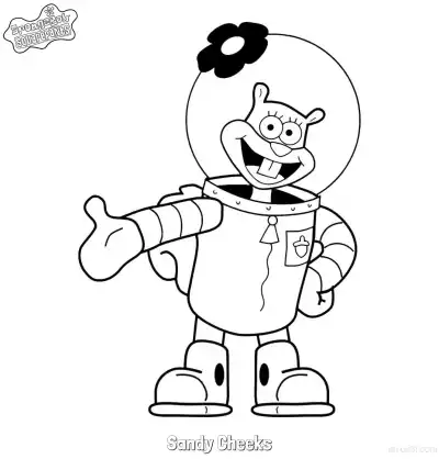 穿宇航服挥手的珊迪 海绵宝宝涂色页 – 免费可打印简笔画涂色画