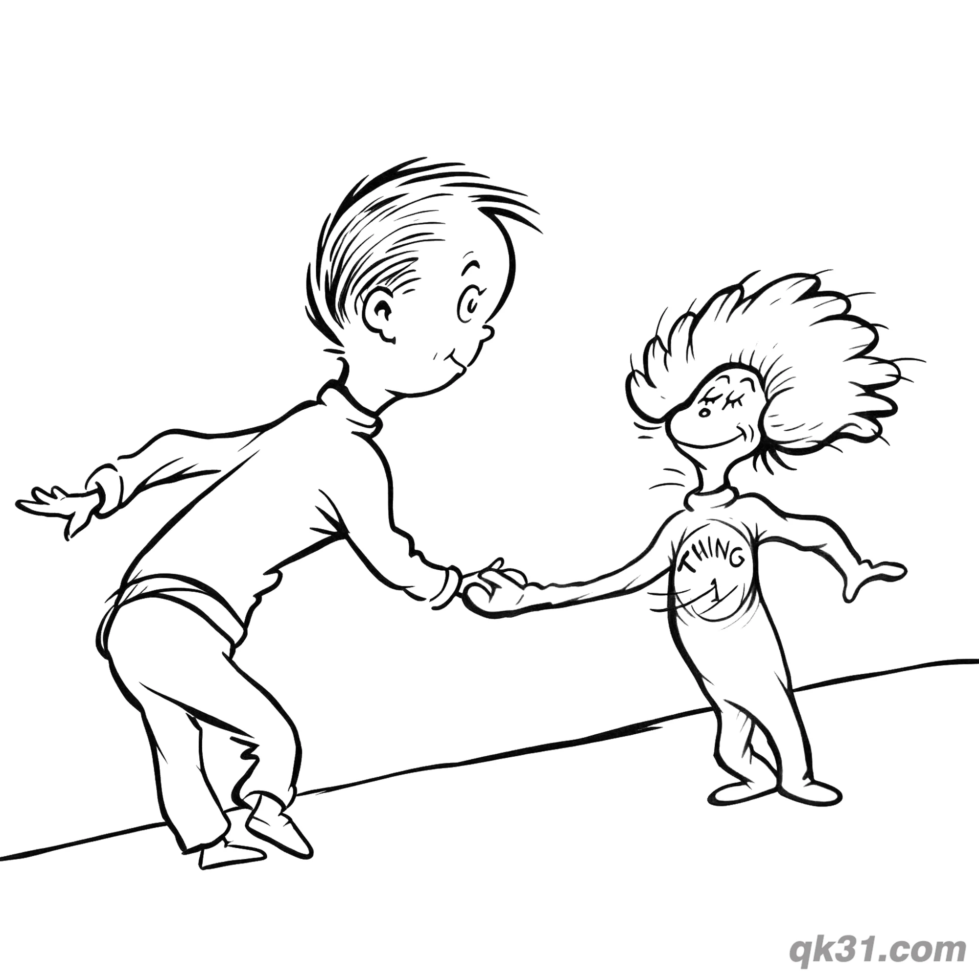免费 小孩与1号小精灵简笔画涂色页 简笔画涂色页