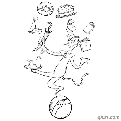 戴帽子的猫平衡表演简笔画涂色页 – 免费可打印简笔画涂色画