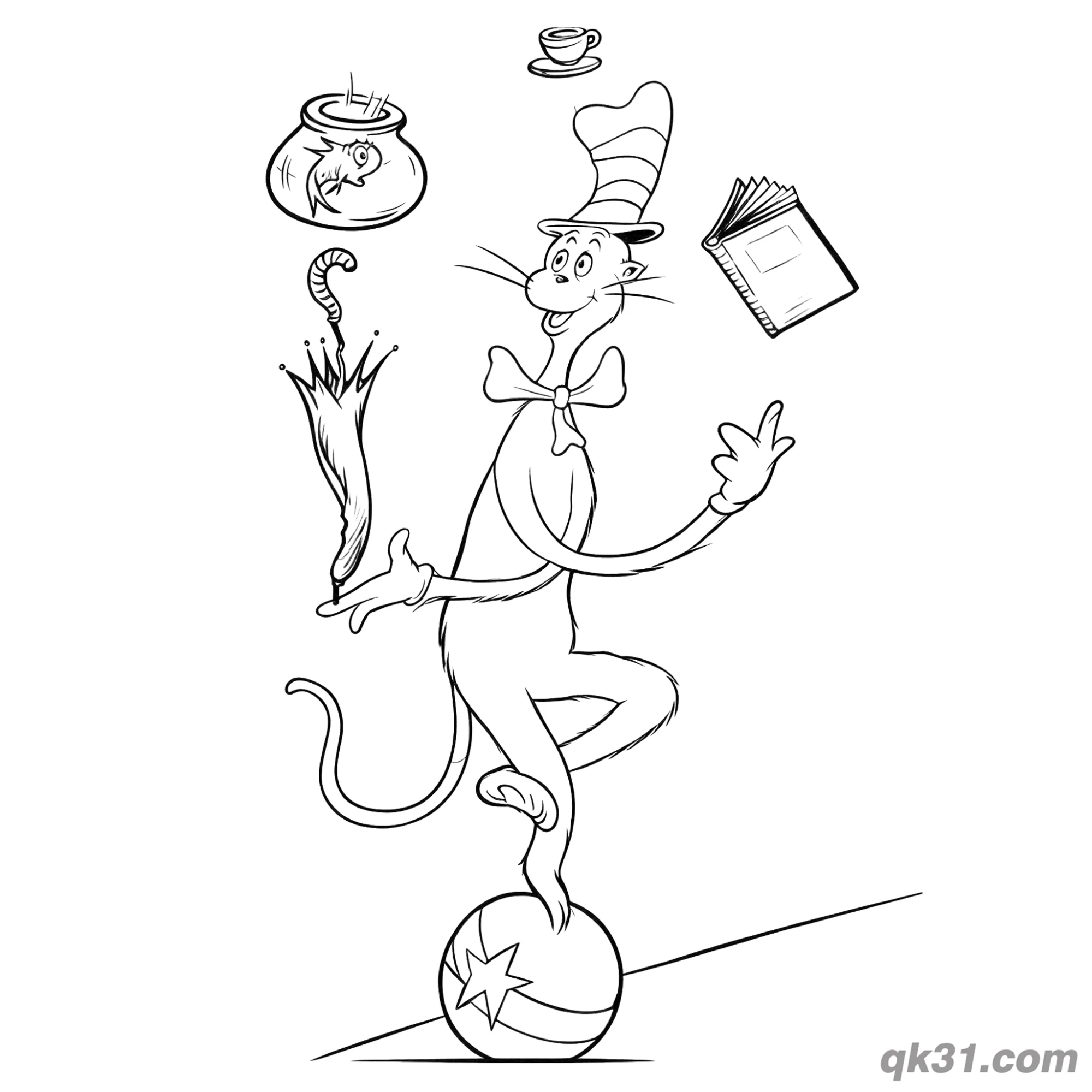 免费 戴帽子的猫杂耍简笔画涂色页（多页） 简笔画涂色页