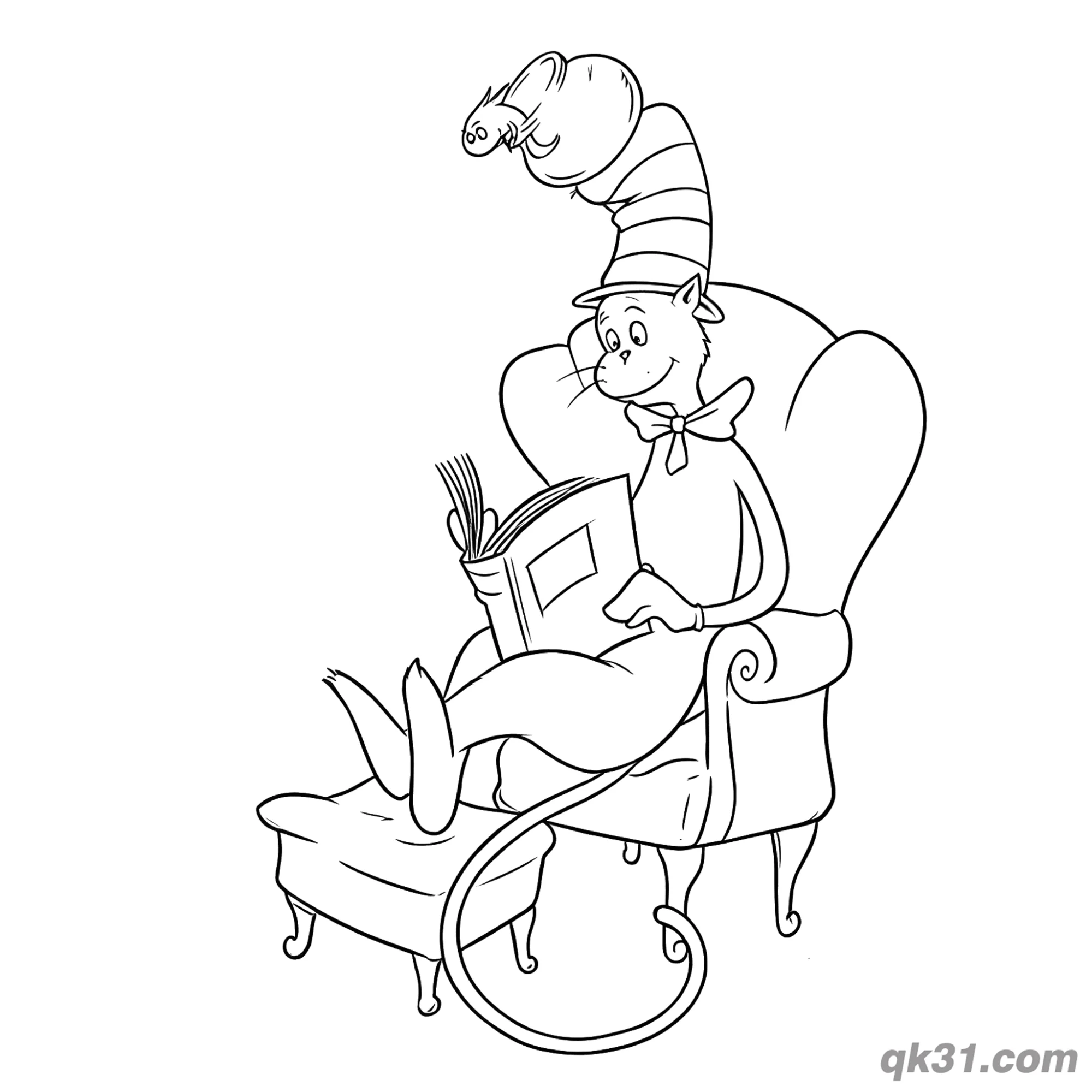免费 戴帽子的猫读书涂色书页 简笔画涂色页