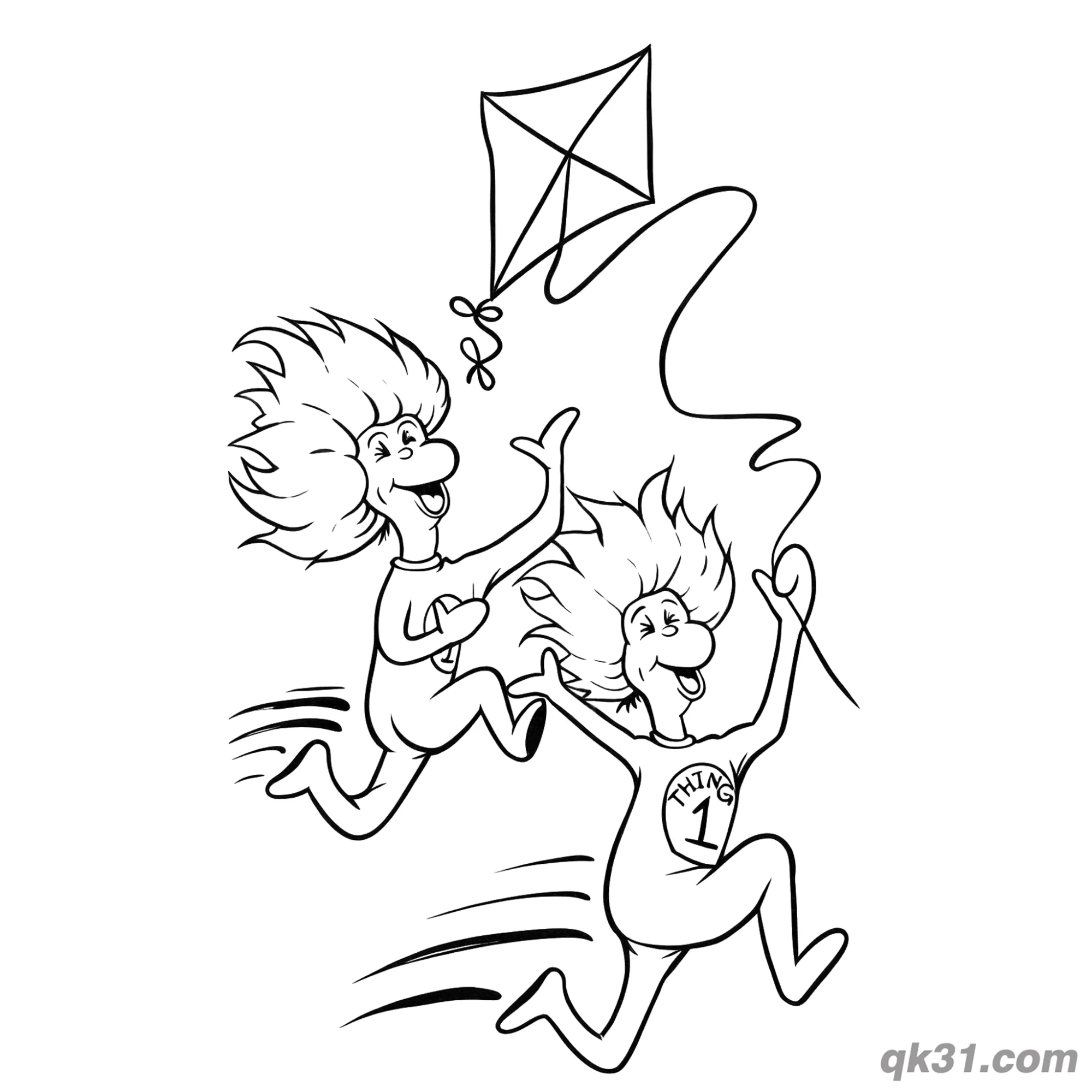 免费 1号2号小精灵放风筝简笔画涂色图片 简笔画涂色页