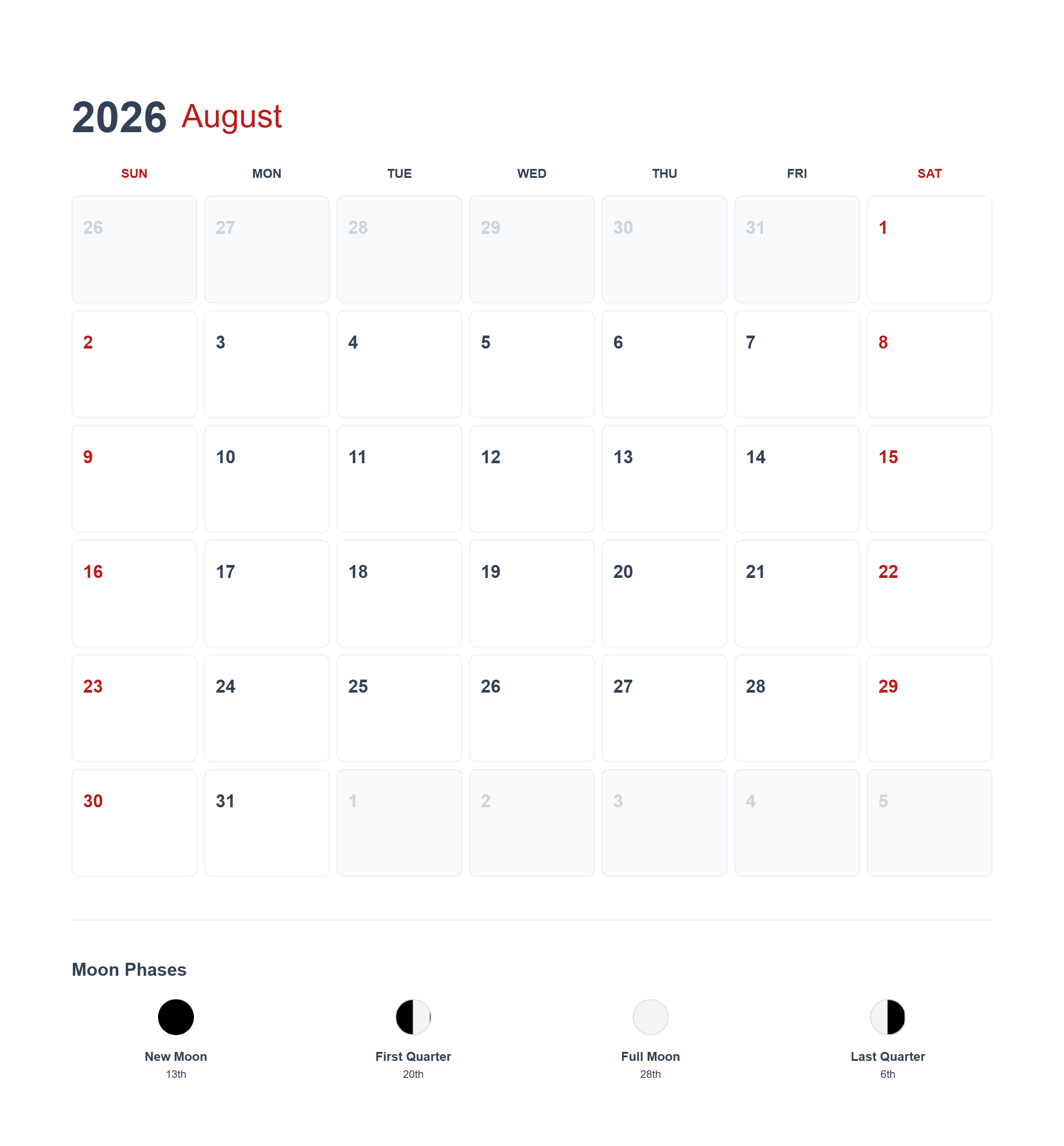 免费 2026年8月美国日历可打印 简笔画涂色页
