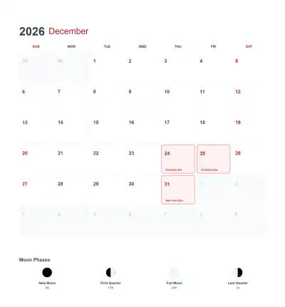 2026年12月美国日历可打印 – 免费可打印简笔画涂色画