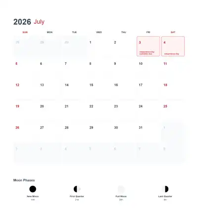 2026年7月美国日历可打印 – 免费可打印简笔画涂色画