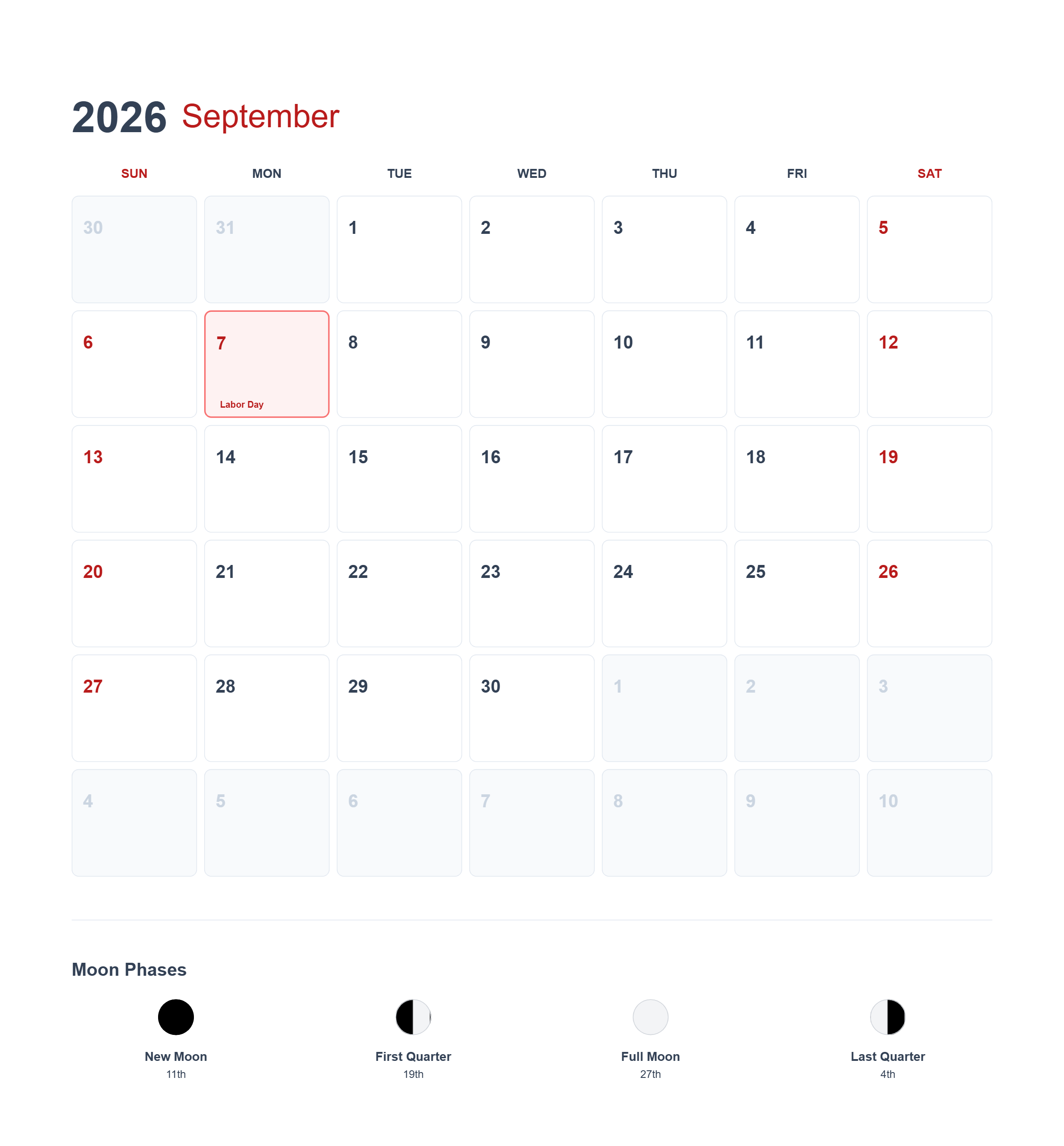 免费 2026年9月美国日历可打印 简笔画涂色页