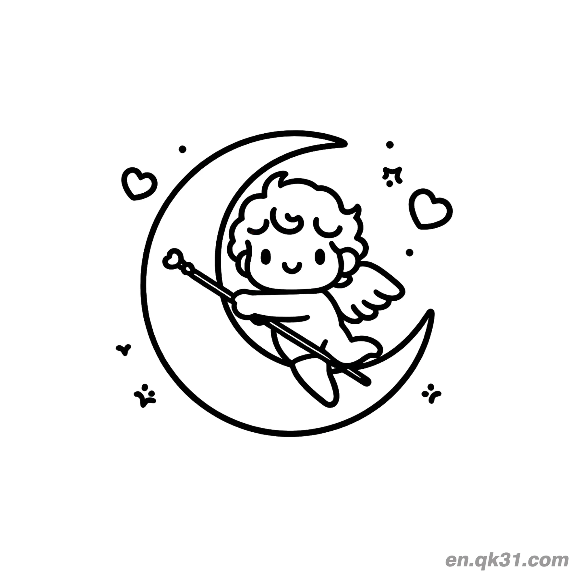 免费 月亮上的可爱天使情人节涂色页 简笔画涂色页
