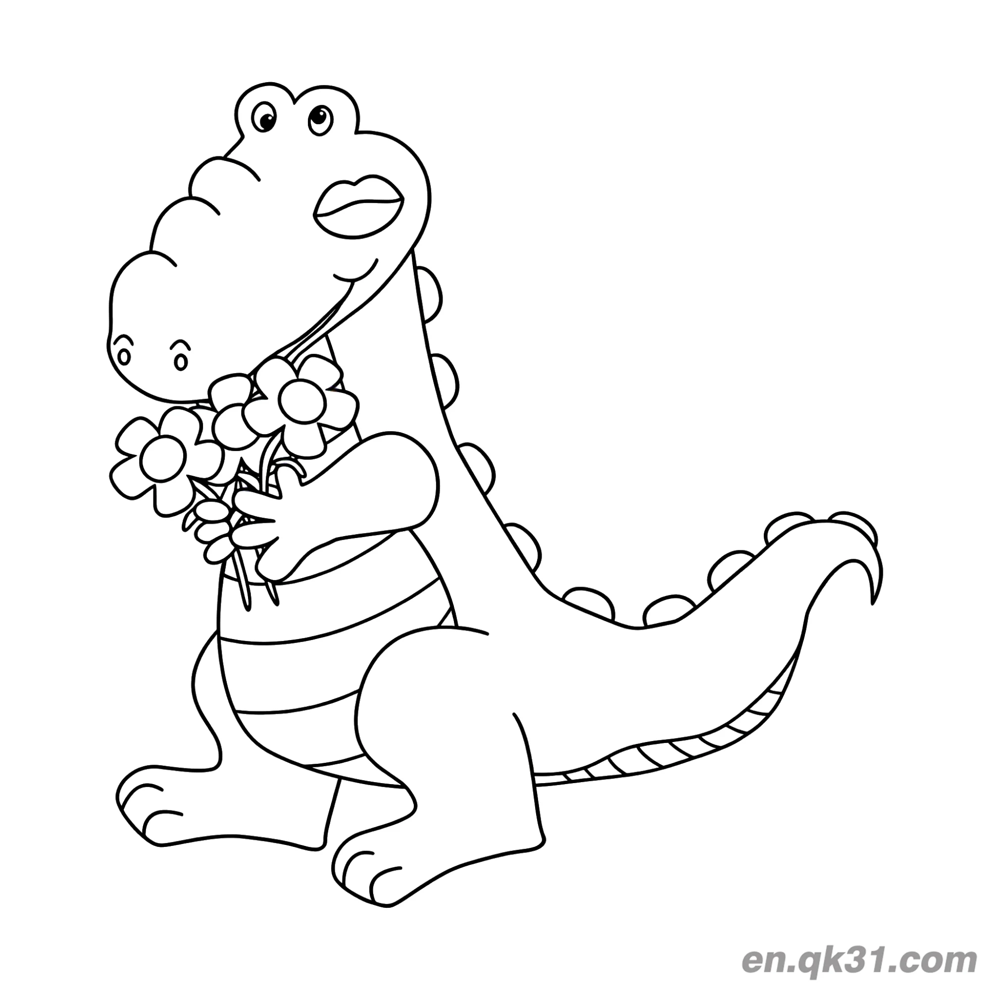 免费 拿着花束的鳄鱼简笔画涂色页 简笔画涂色页