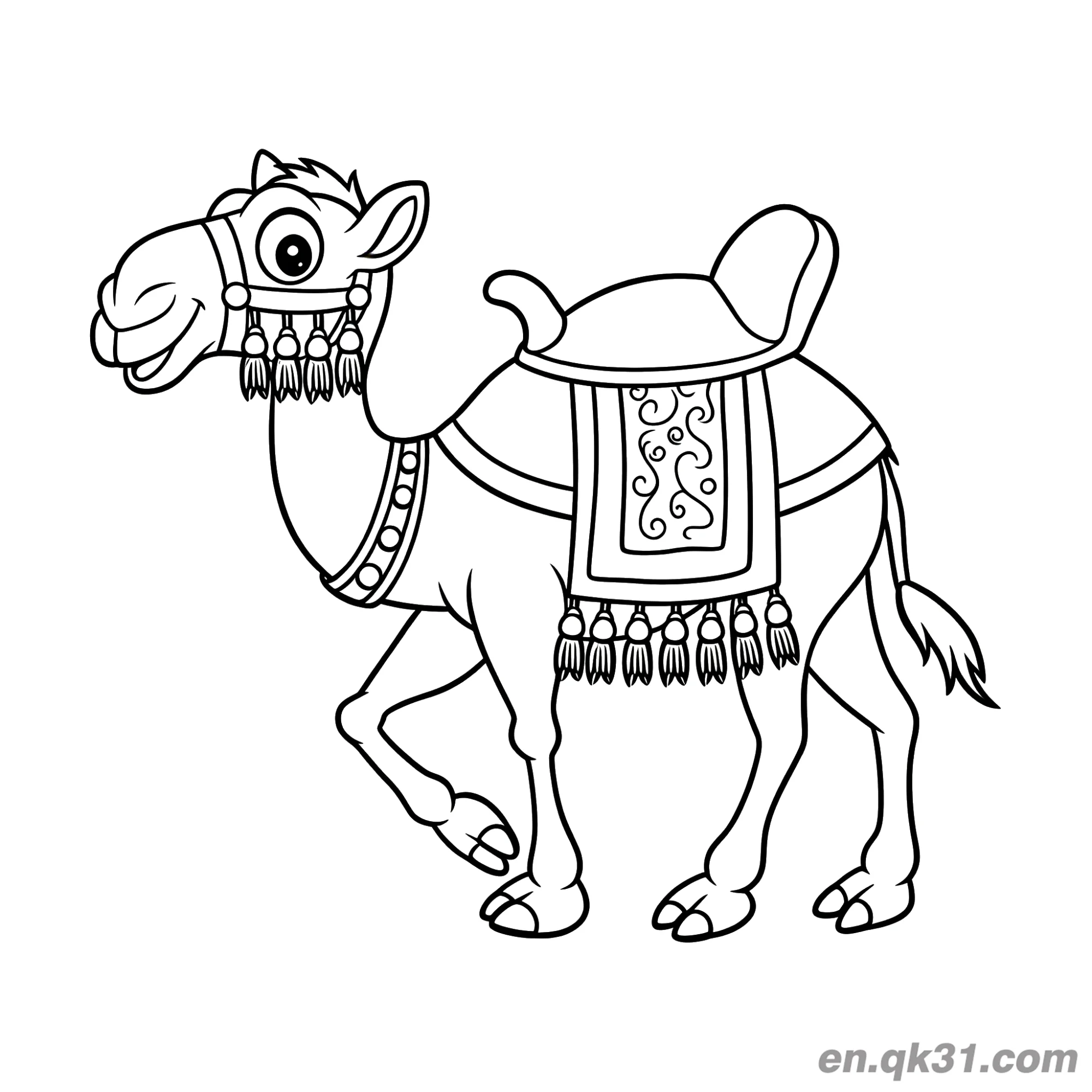 免费 带华丽流苏鞍座和缰绳的卡通骆驼简笔画涂色页 简笔画涂色页