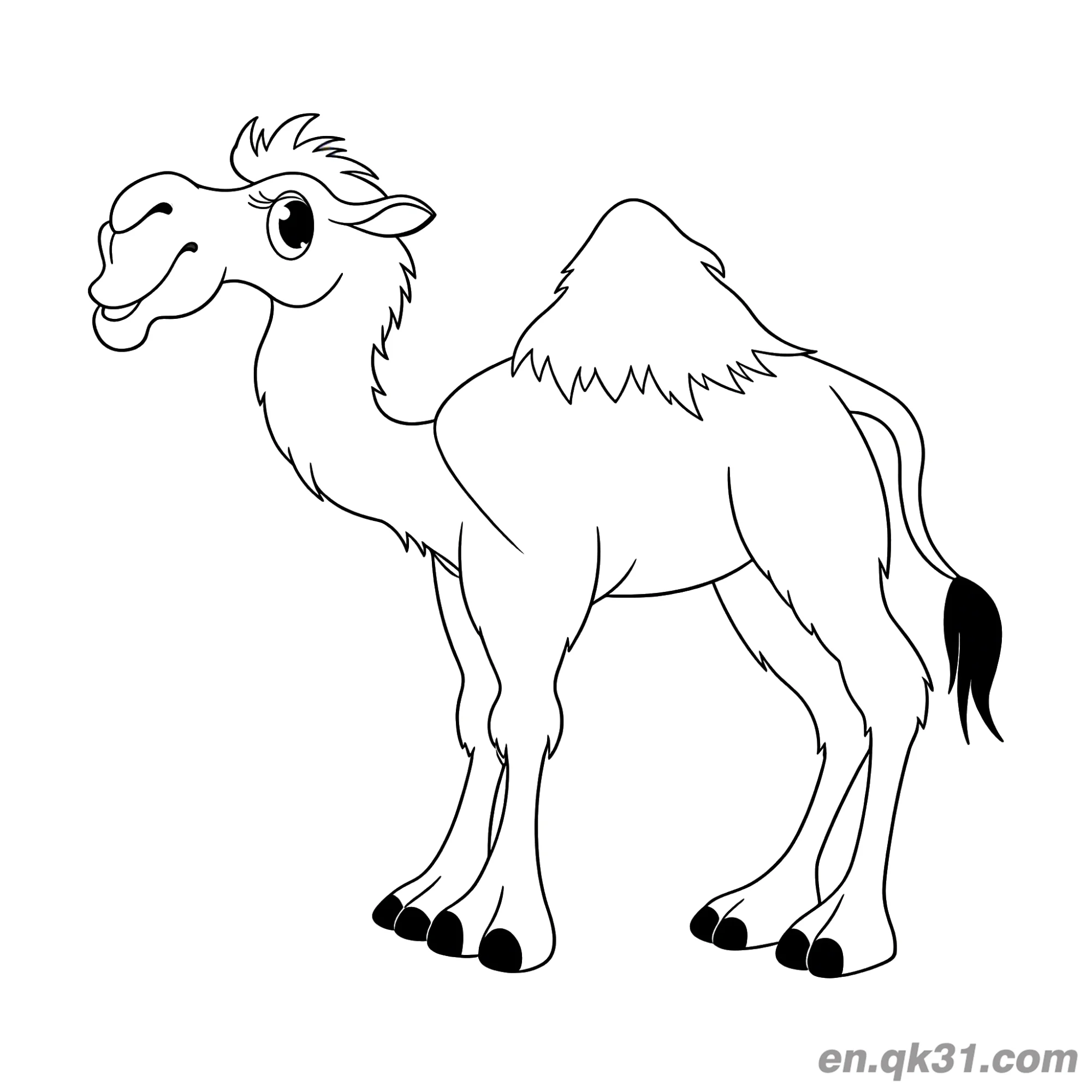 免费 大眼睛笑脸的卡通单峰骆驼简笔画涂色页 简笔画涂色页