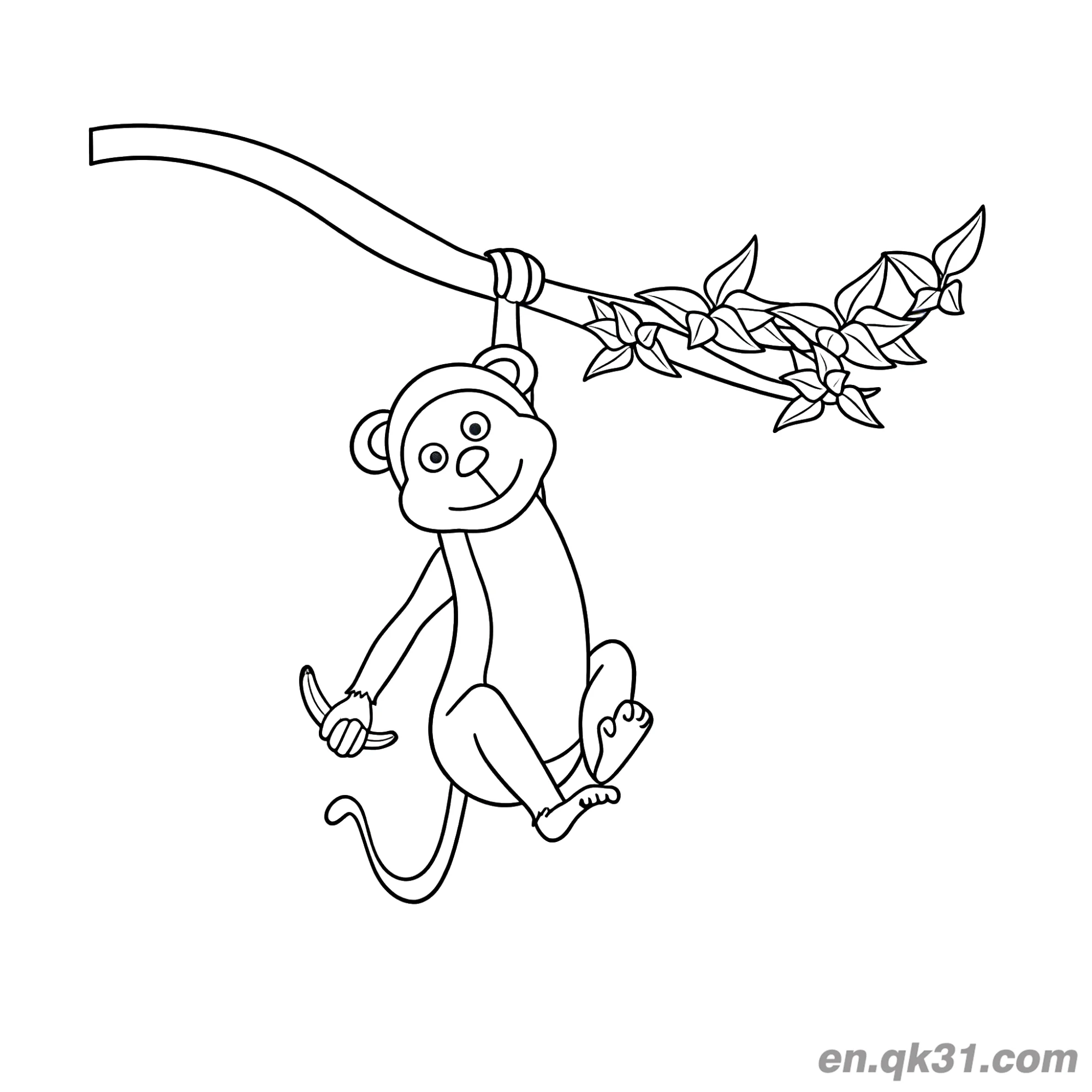 免费 卡通猴子挂在树枝上拿香蕉简笔画涂色页 简笔画涂色页