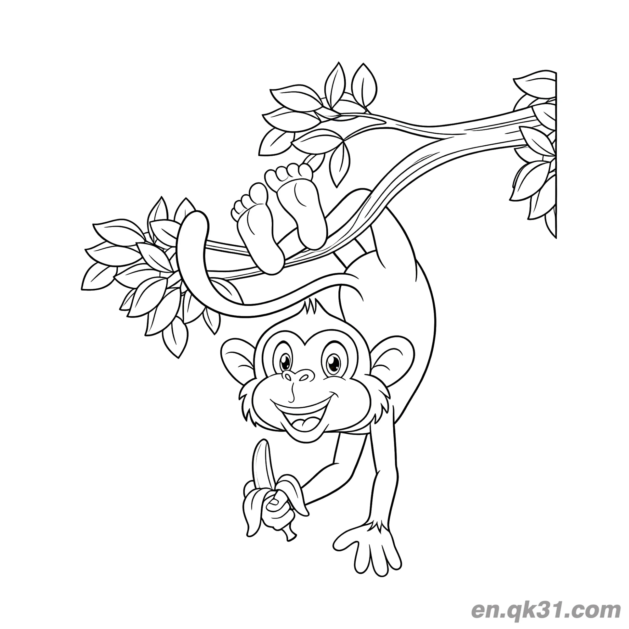 免费 卡通猴子倒挂拿香蕉简笔画涂色页 简笔画涂色页