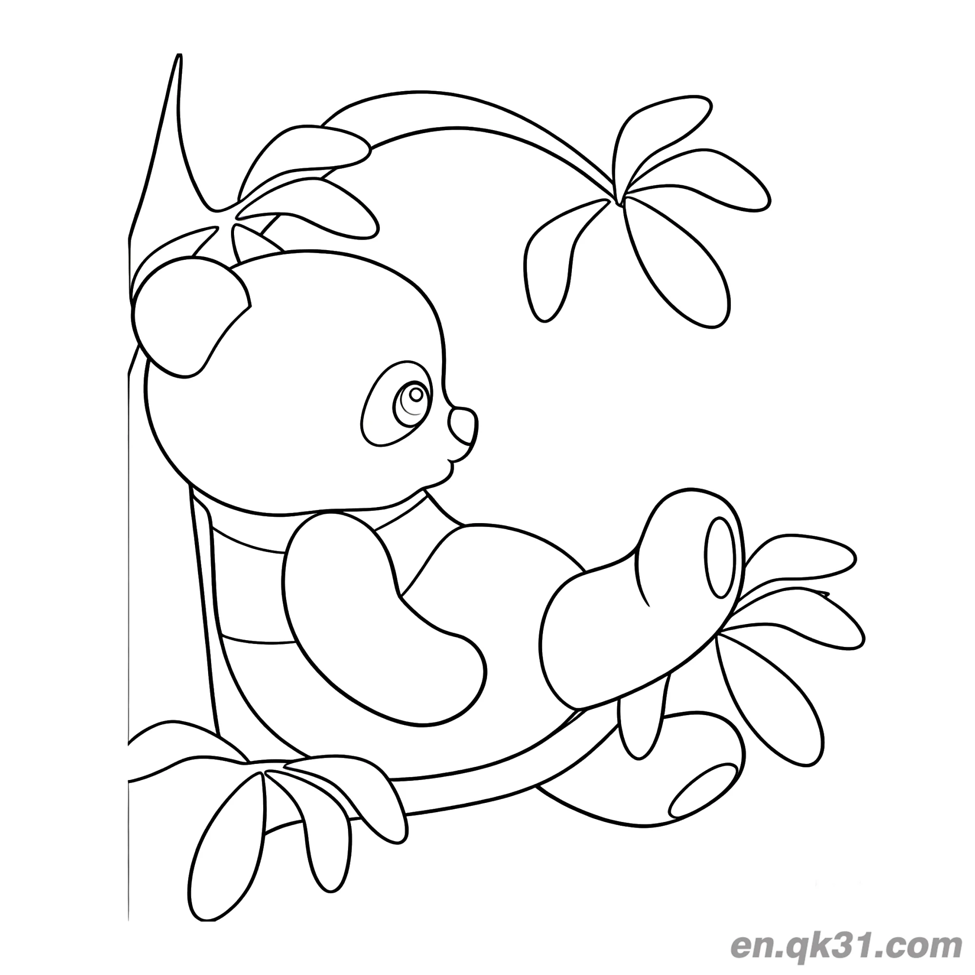 免费 熊猫宝宝在丛林树叶中玩耍简笔画涂色页 简笔画涂色页