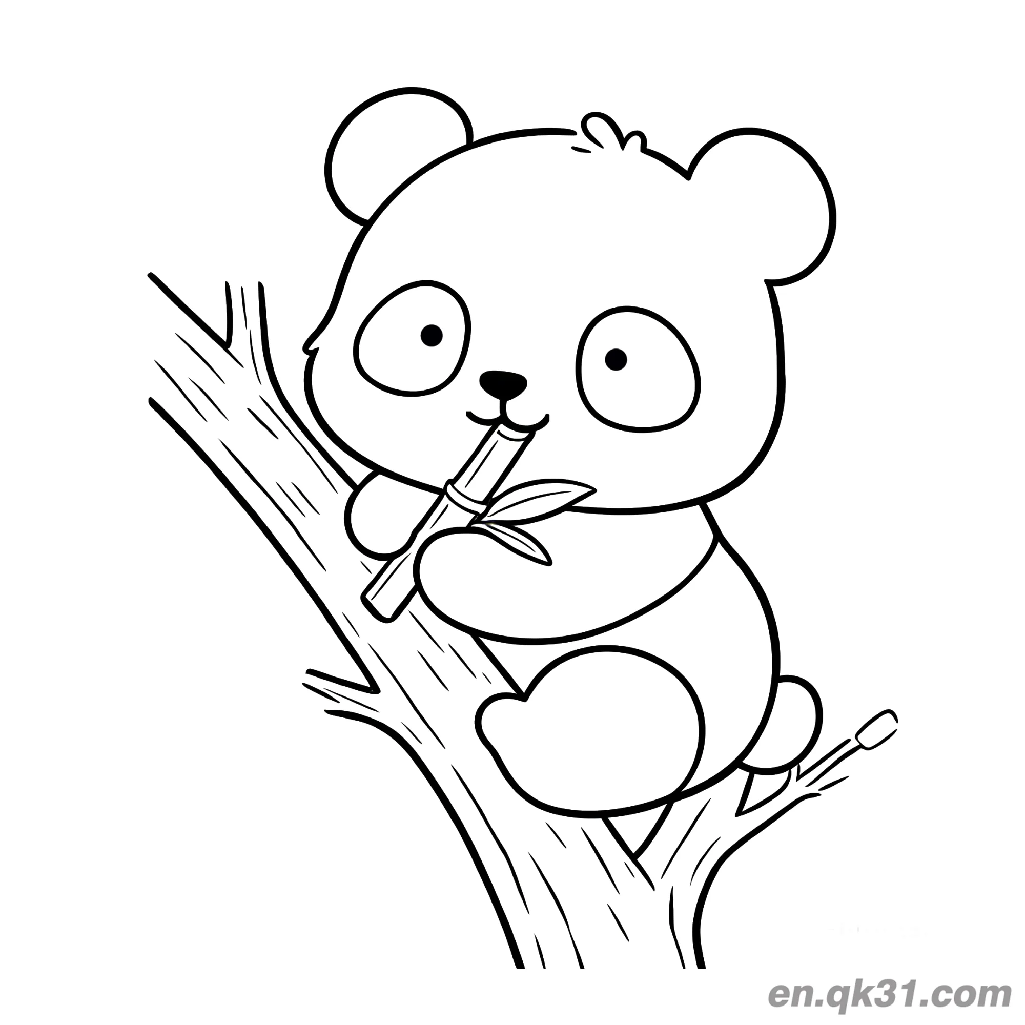 免费 卡通熊猫坐树枝上嚼竹子简笔画涂色页 简笔画涂色页