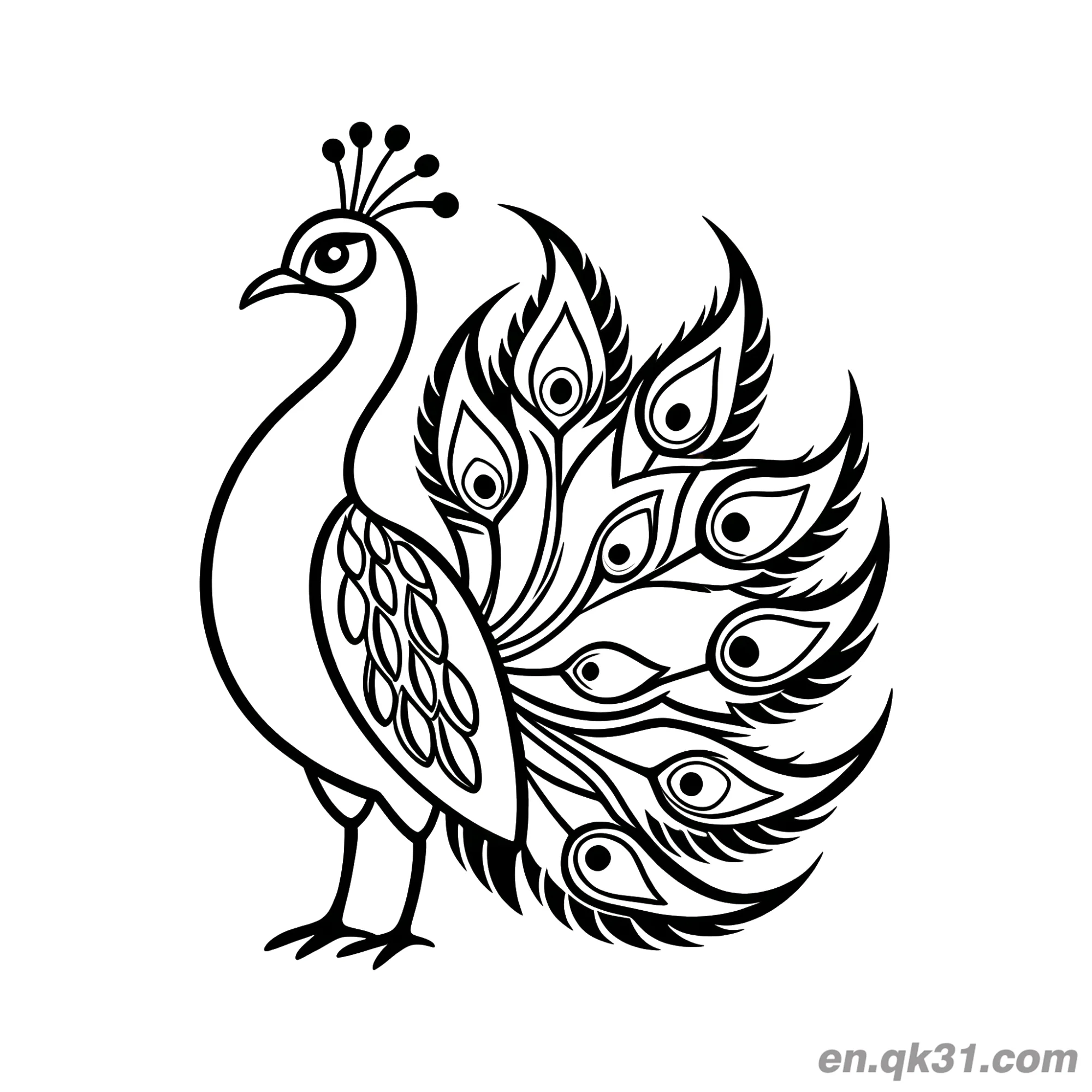 免费 装饰性孔雀火焰形尾羽涂色页 简笔画涂色页