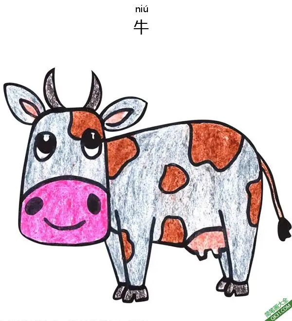 免费 怎样教孩子们一步步画一个 卡通 牛Cow 简笔画涂色页