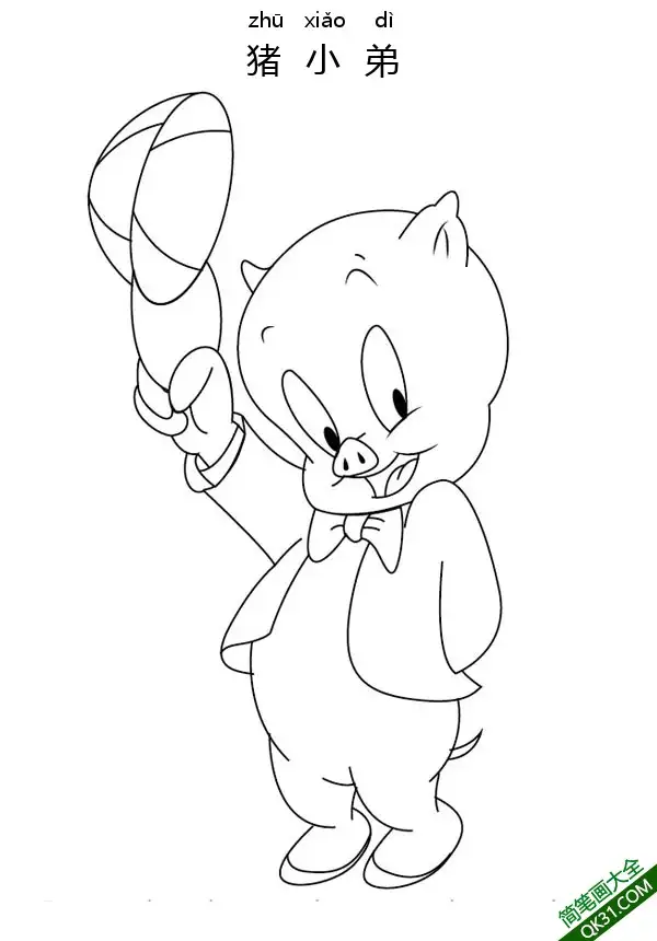 猪小弟 Porky Pig简笔画涂色画 – 为儿童和成人提供的免费可打印简笔画涂色画